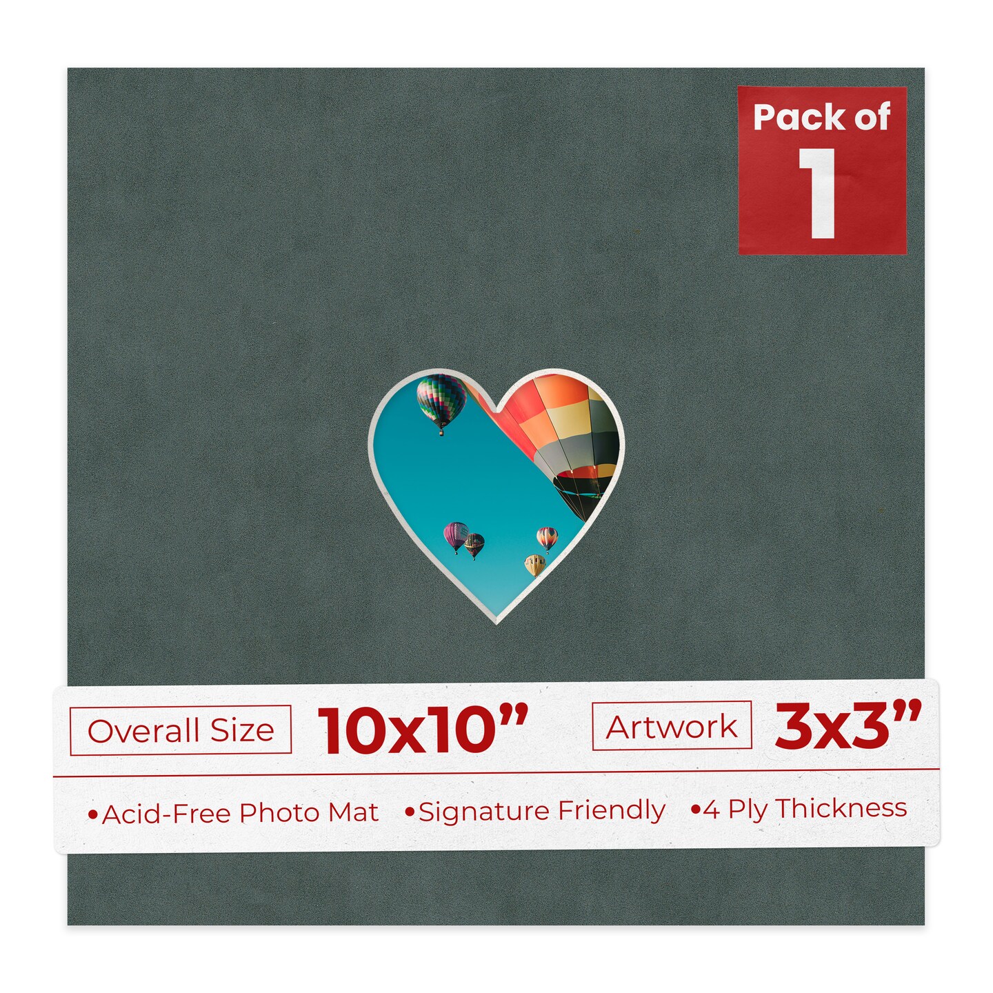 Dark Grey Suede Mat Board for 10x10 Frames - Heart Opening for 3x3 Photos