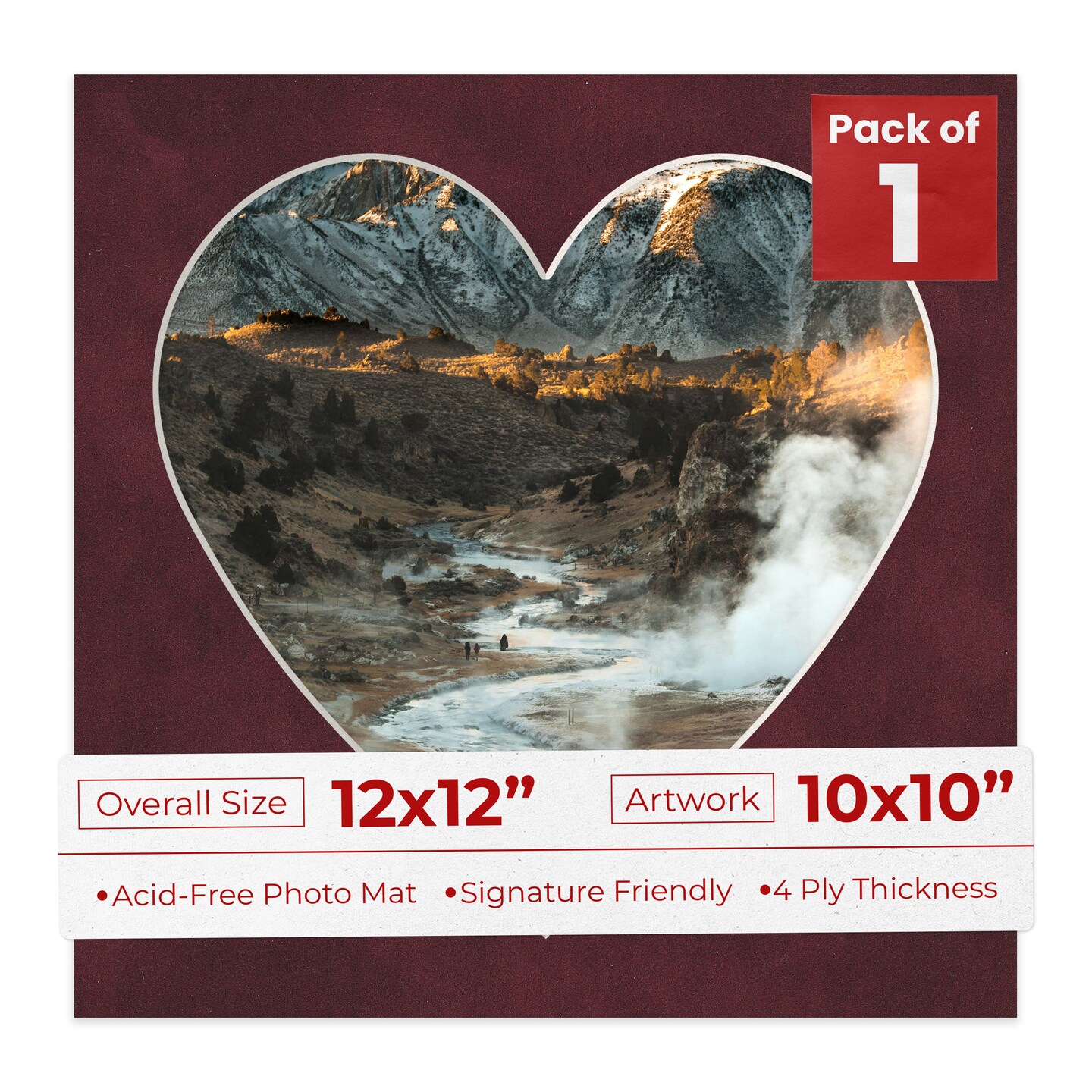 Dark Red Suede Mat Board for 12x12 Frames - Heart Opening for 10x10 Photos