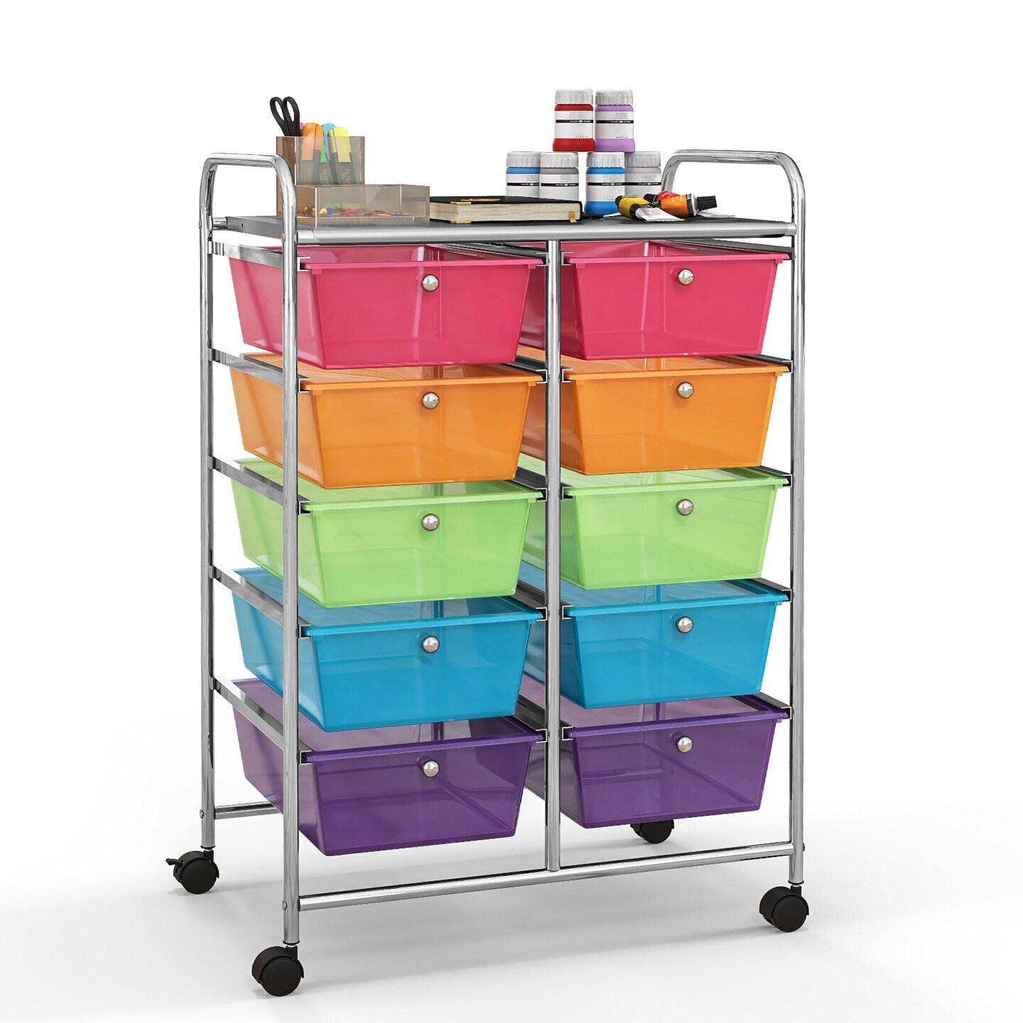 10 Drawer Rolling Storage Cart with Lockable Wheels Metal Frame Organizer for Office Classroom Craft Room Storage