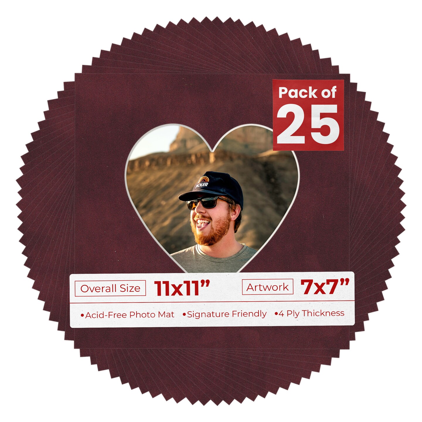 Dark Red Suede Mat Board for 11x11 Frames - Heart Opening for 7x7 Photos