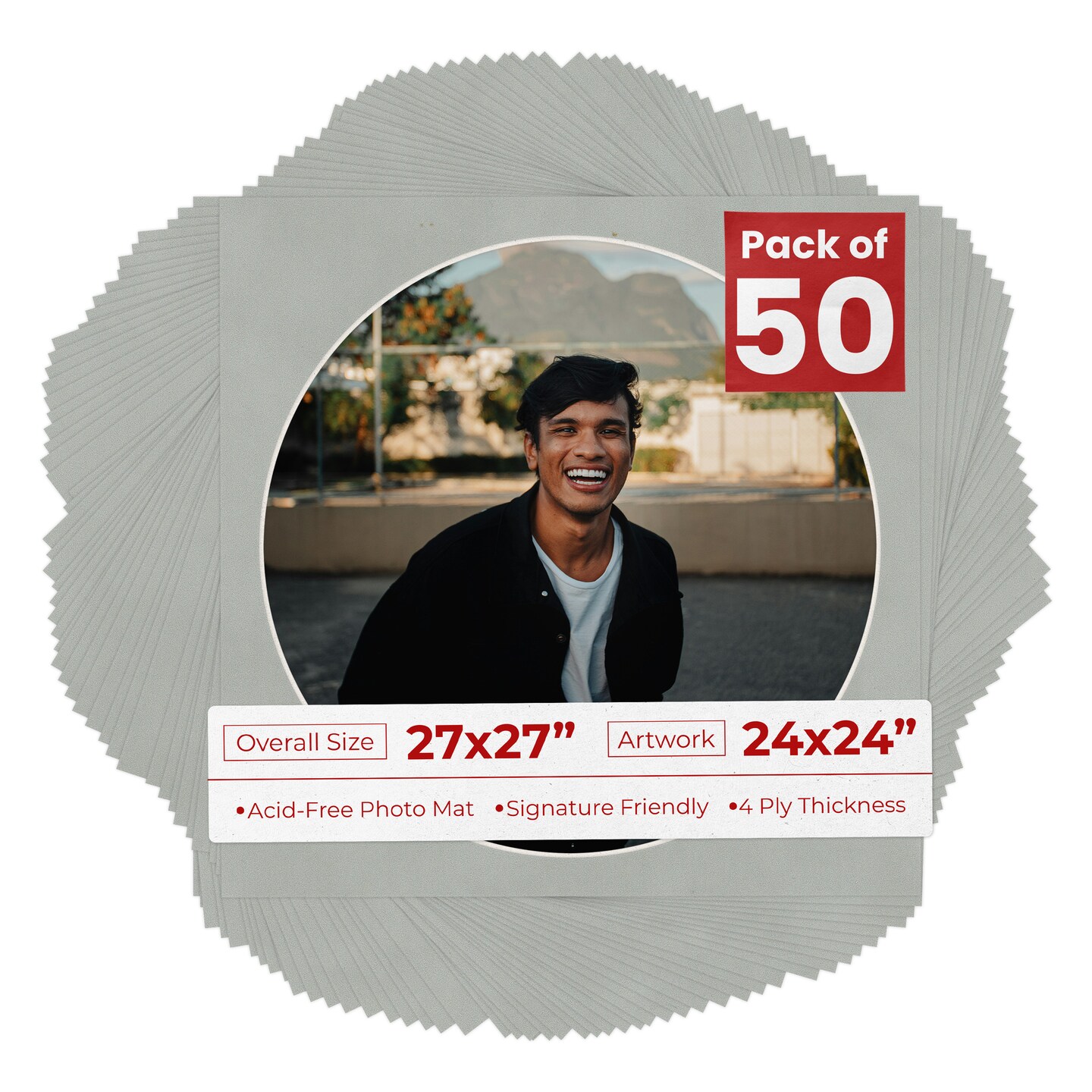 Light Grey Suede Mat Board for 27x27 Frames - Circle Opening for 24x24 Photos