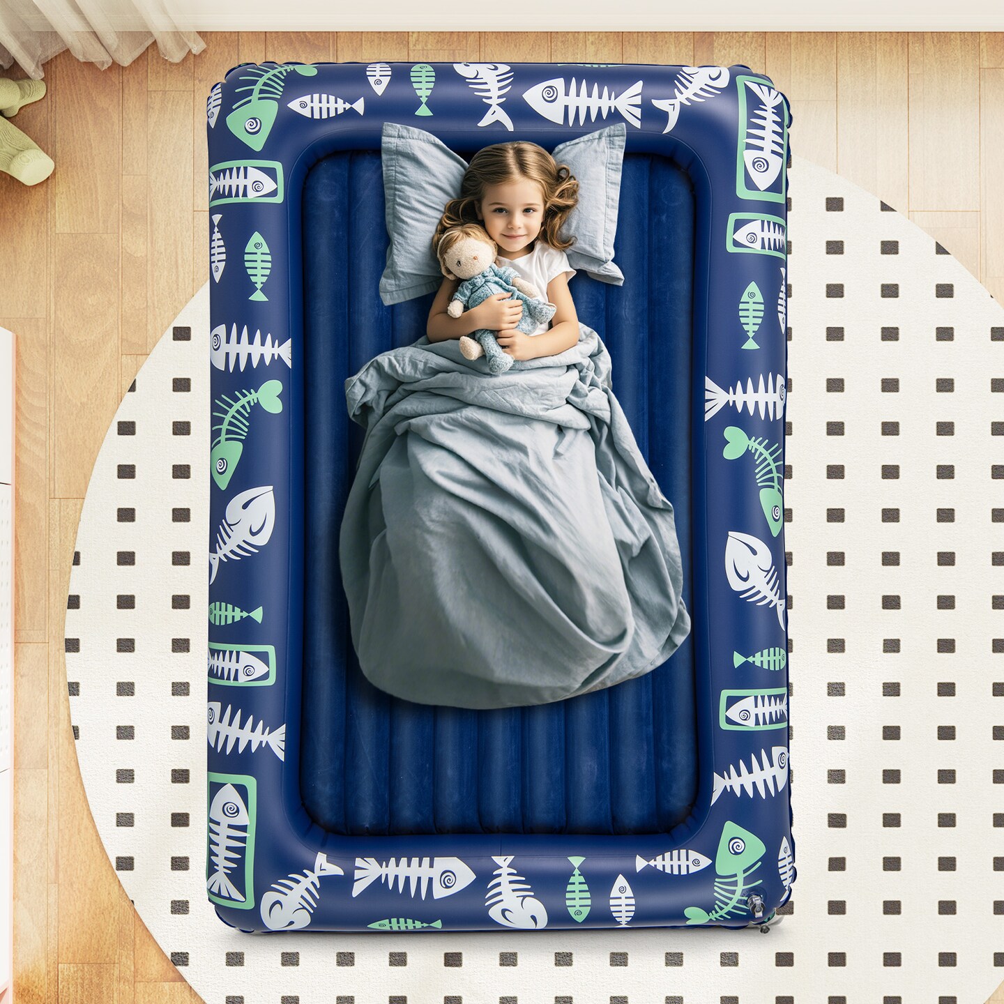 Inflatable kids Bed with Raised Rails, Electric Pump, for Home and Travel
