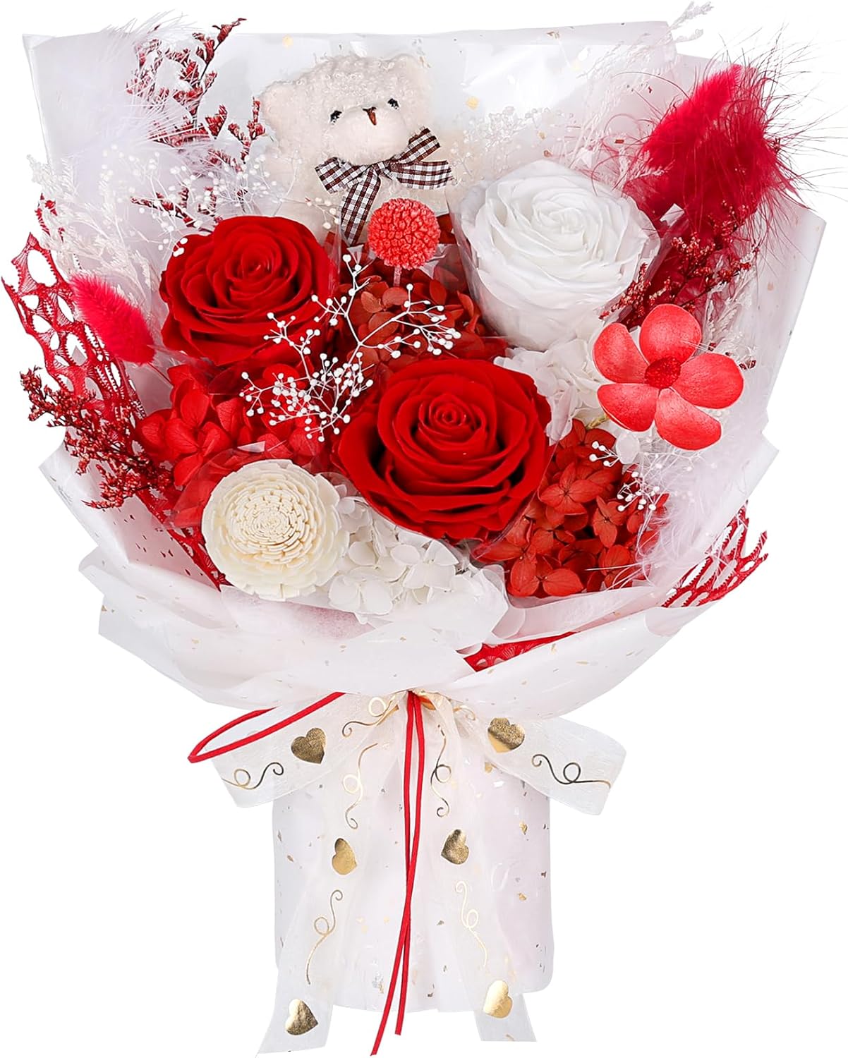 Preserved Flowers Bouquet with Bear 3 Real Forever Roses Gift Set