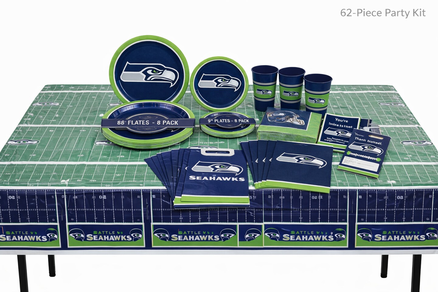 Seattle Seahawks NFL Party Supply Kit, 64-Piece Game Day Tableware & Decorations Set