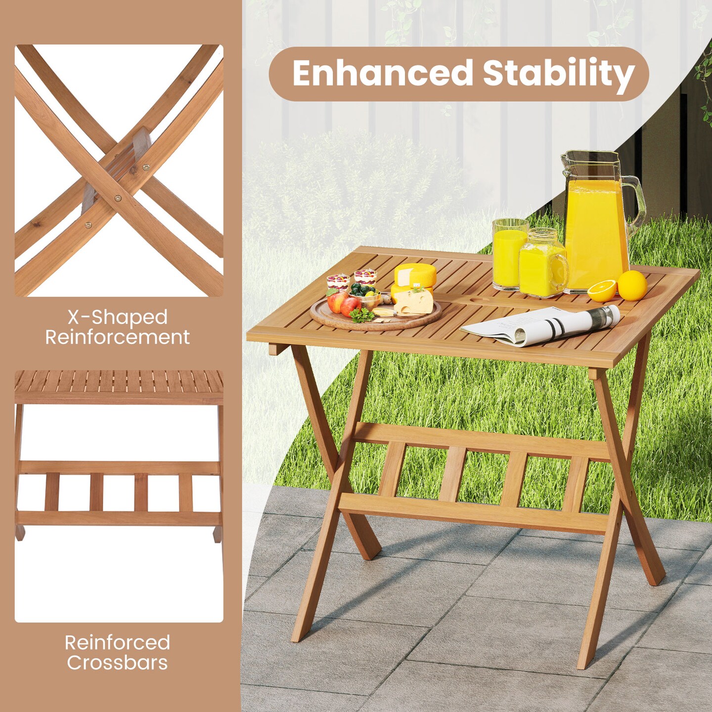Folding 36-Inch Acacia Wood Patio Table with Umbrella Hole for Outdoor Dining