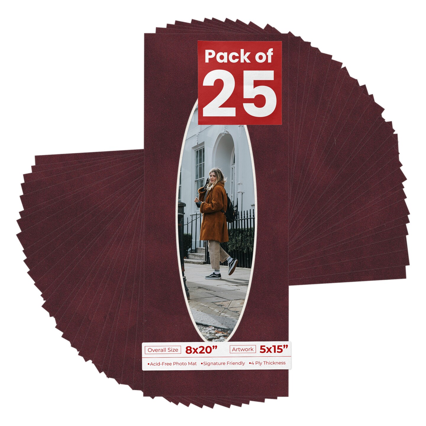 Dark Red Suede Mat Board for 8x20 Frames - Oval Opening for 5x15 Photos