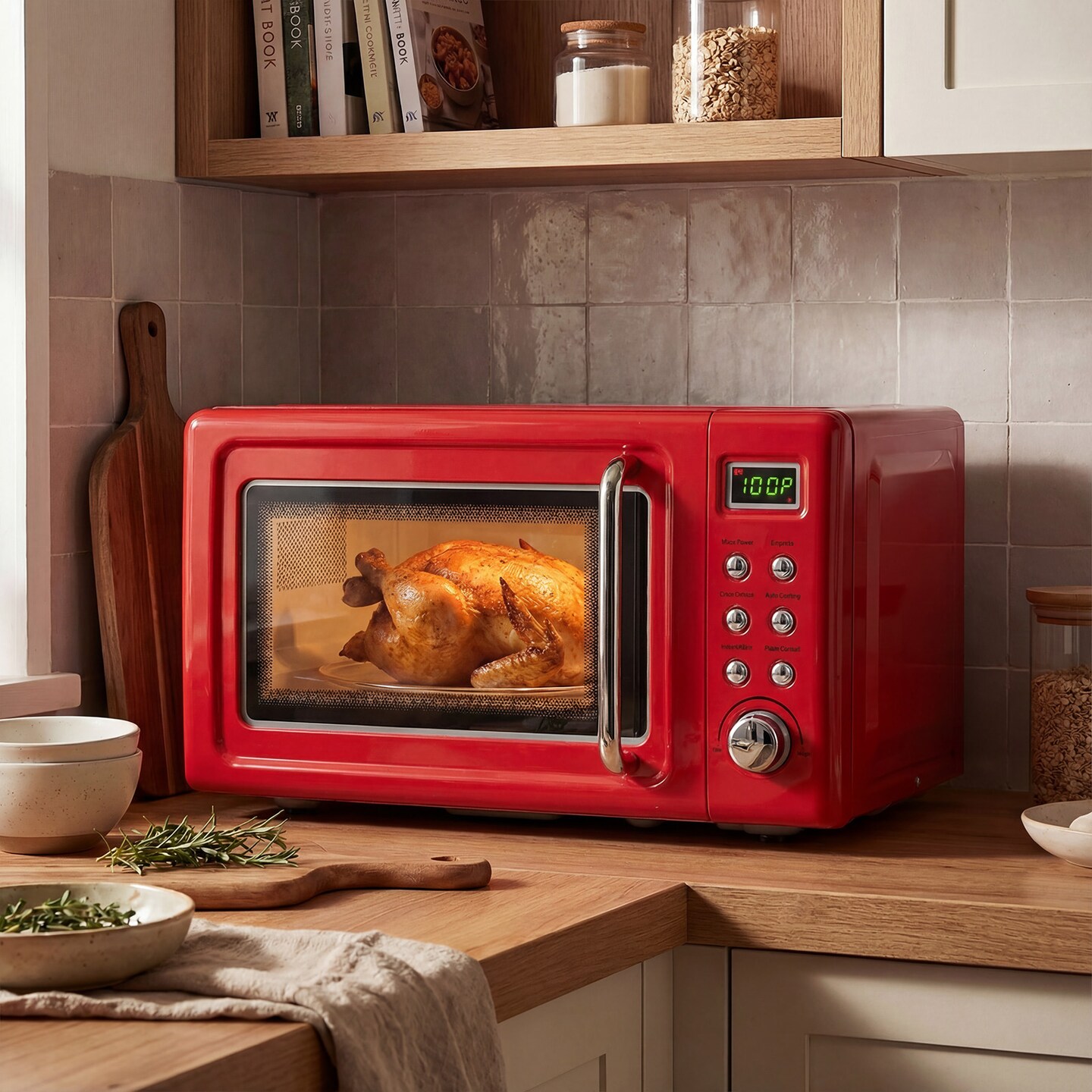 Retro 700W Microwave Oven Countertop with 5 Micro Power Settings and Auto Cook