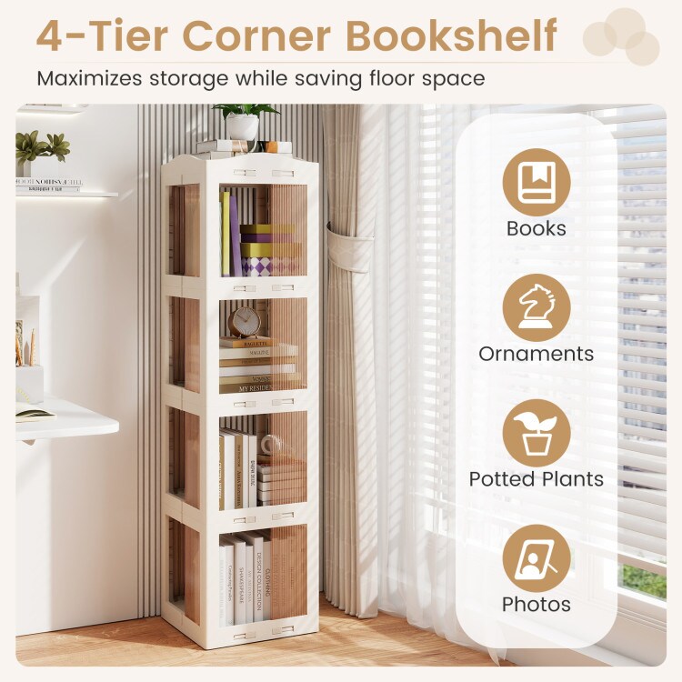 Foldable 4-Tier Rotating Bookshelf with Swivel Base for Books & Decor