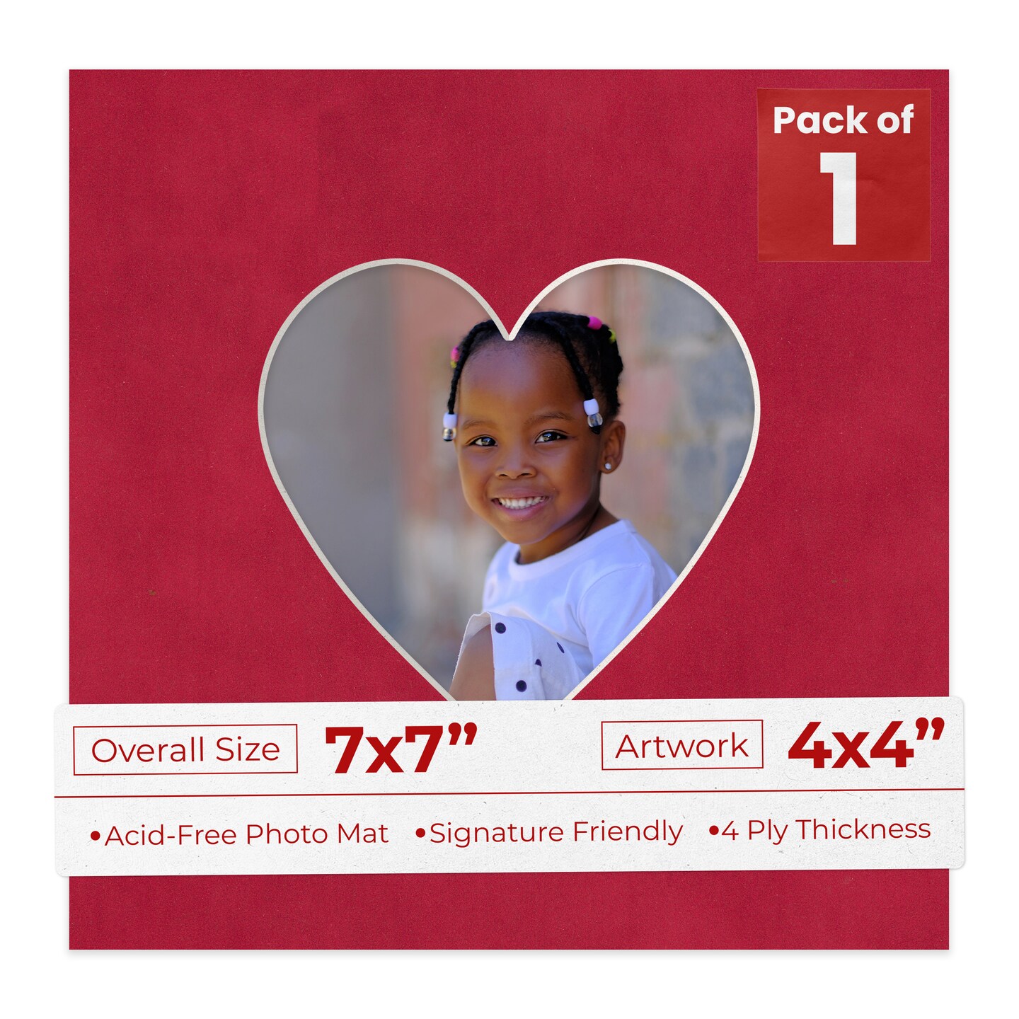 Red Suede Mat Board for 7x7 Frames - Heart Opening for 4x4 Photos