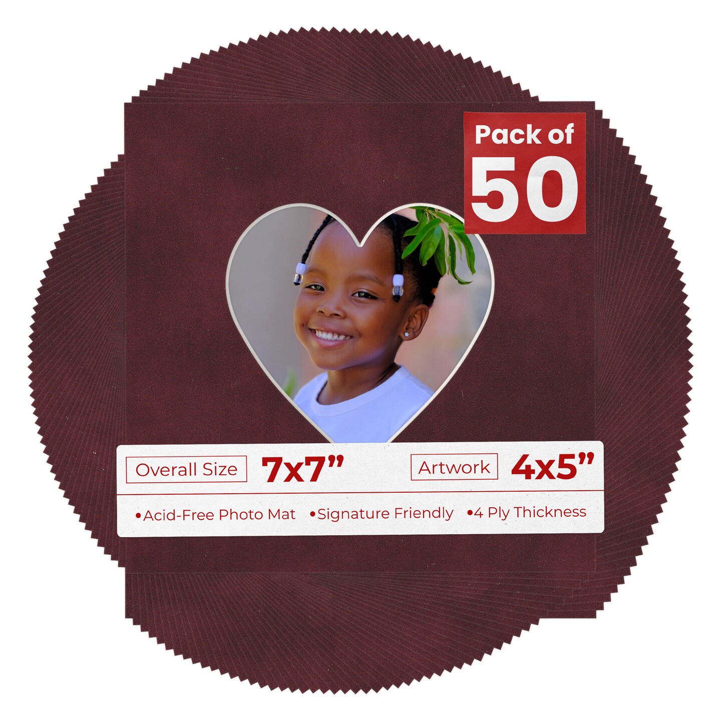 Dark Red Suede Mat Board for 7x7 Frames - Heart Opening for 4x5 Photos