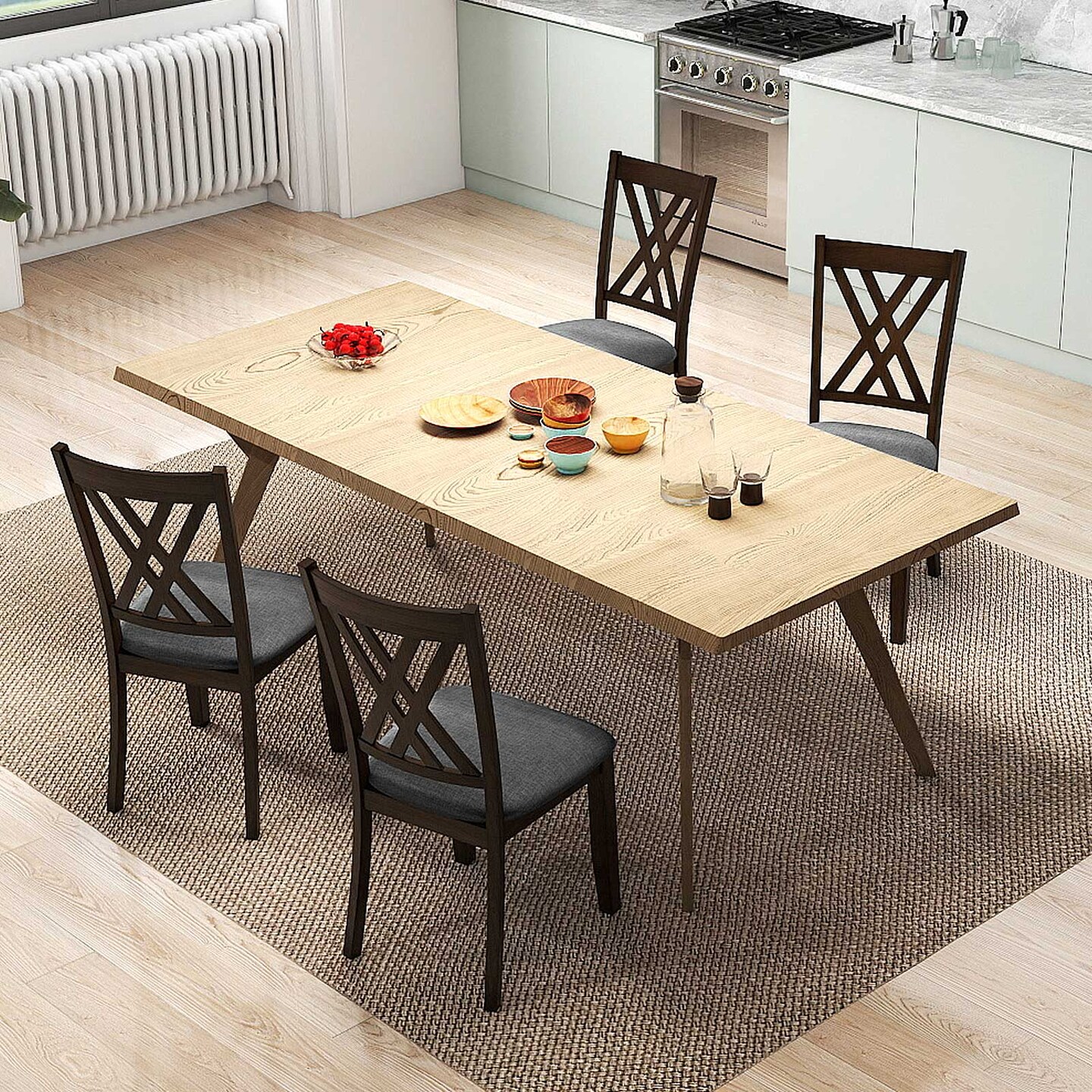 Wooden Dining Chairs Set of 2 Cushioned Linen Seat High Back Kitchen Chairs