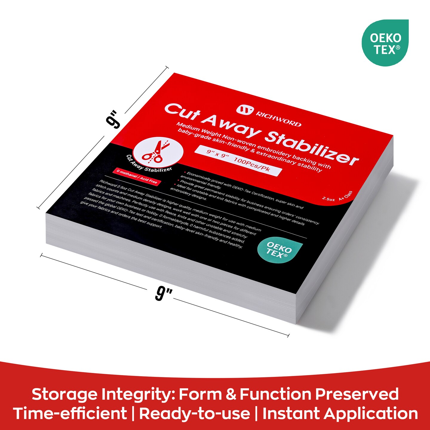 Richword Selected Cut Away Embroidery Stabilizer for Knits, 2.5 oz Medium Weight Permanent Anti-Pucker Backing, 9 x 9 in Sheets (4x4 & 6x6 Hoops), 12 x 12 in Sheets (5x7 & Larger Hoops), 12 in x 25 yd & 50 yd Rolls for Hoodies, Fleece & Babywear