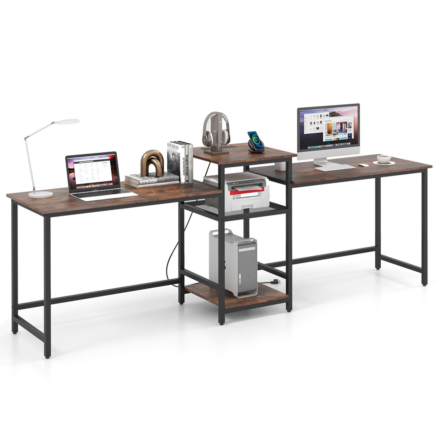 2-Person Office Desk with Built-In Power Outlet and Printer Stand