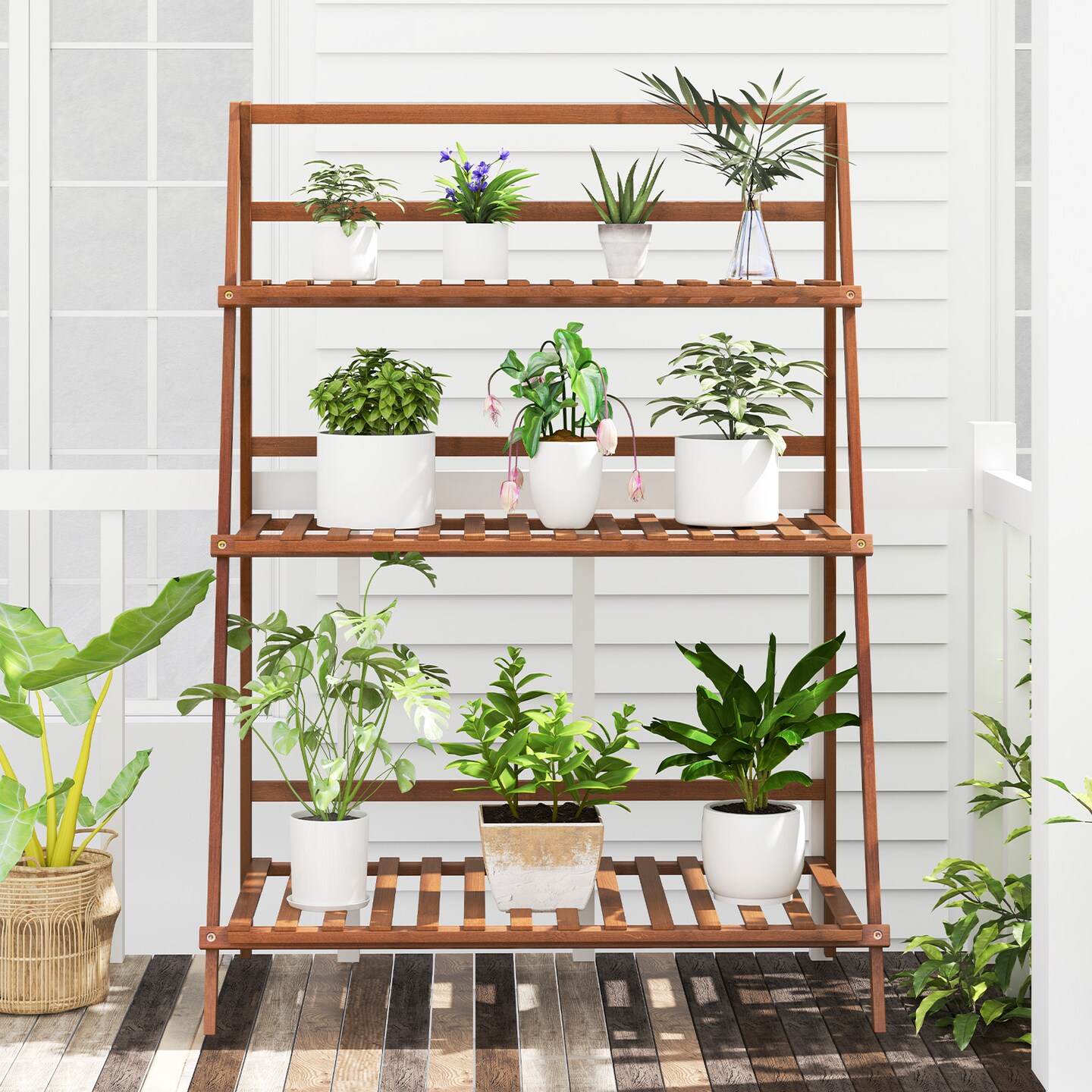Wicker 3-Tier Storage Shelf Ladder Style Big Capacity Bookshelf for Home