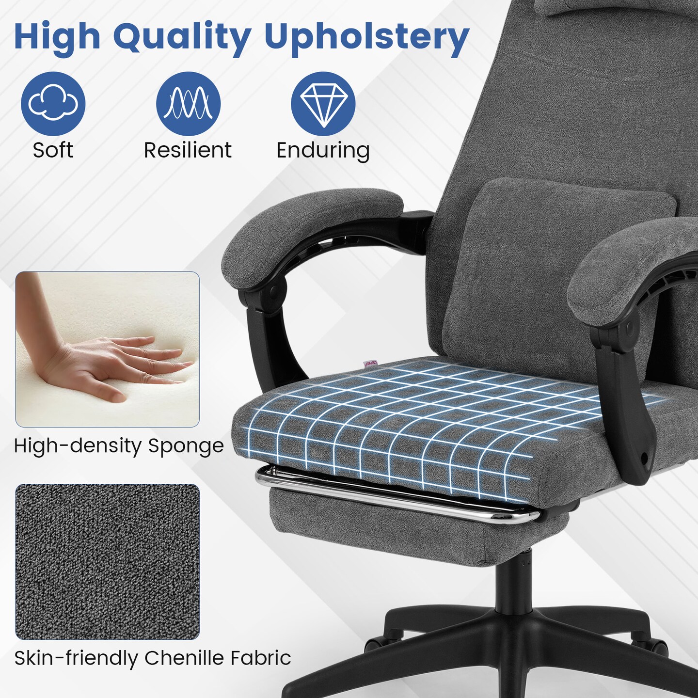 Reclining Ergonomic Office Chair Chenille Fabric Adjustable Headrest Footrest