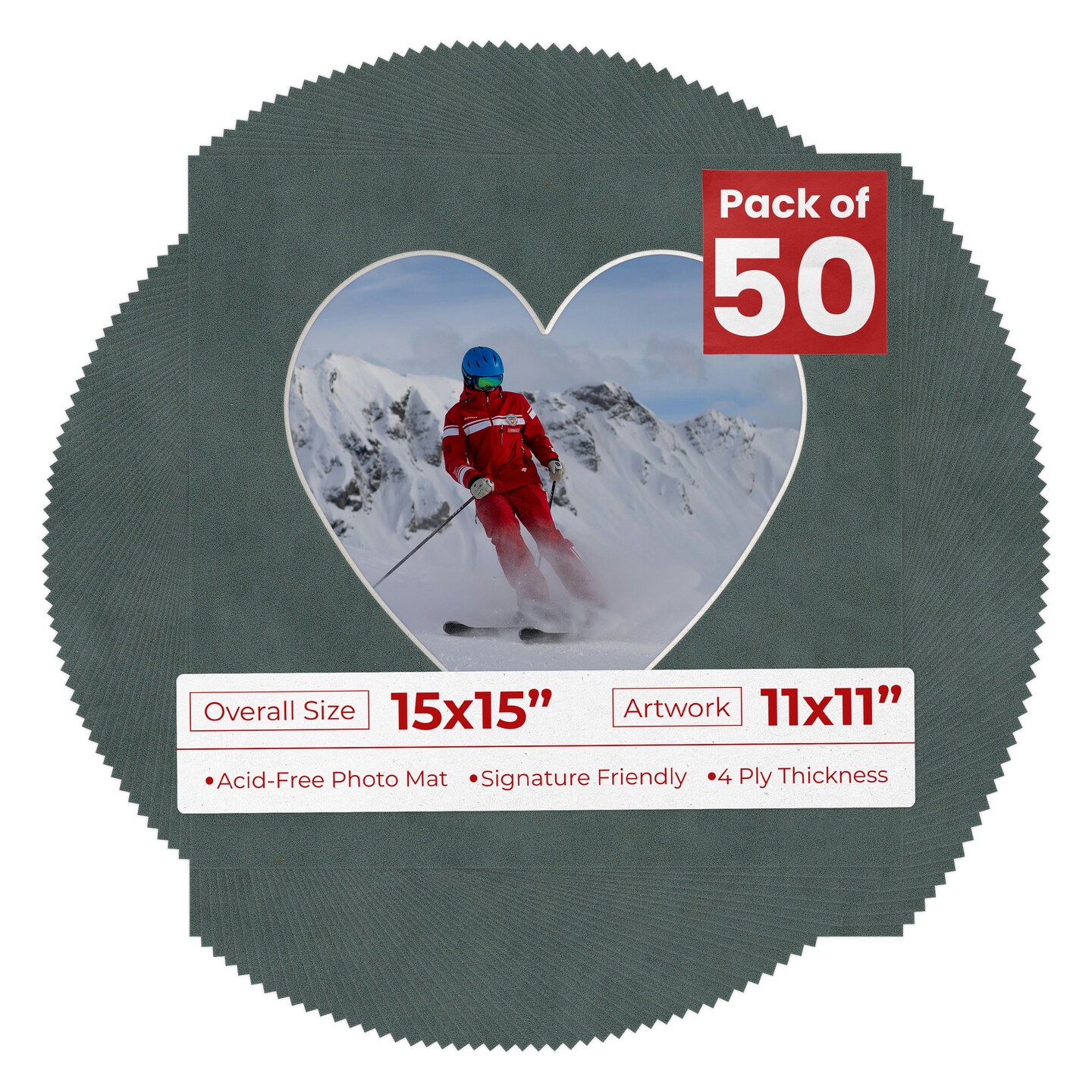 Dark Grey Suede Mat Board for 15x15 Frames - Heart Opening for 11x11 Photos