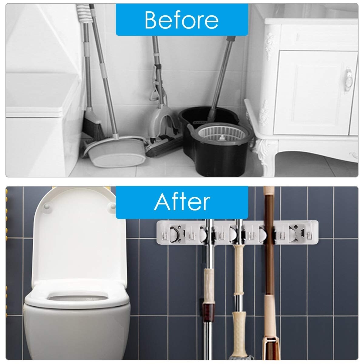 5-Position Mop Rack with 6 Foldable Hooks Wall-Mounted for Bathroom, Kitchen, Garage