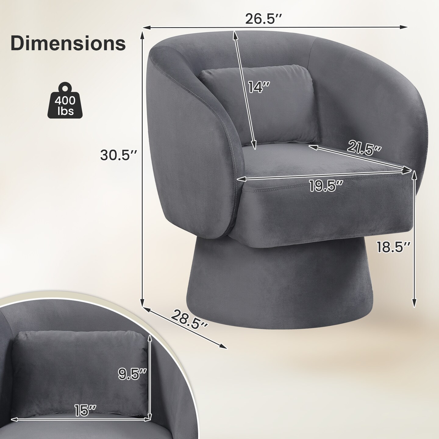 Barrel Swivel Chair Plush Fabric 360 Degree Rotation with Supportive Arms