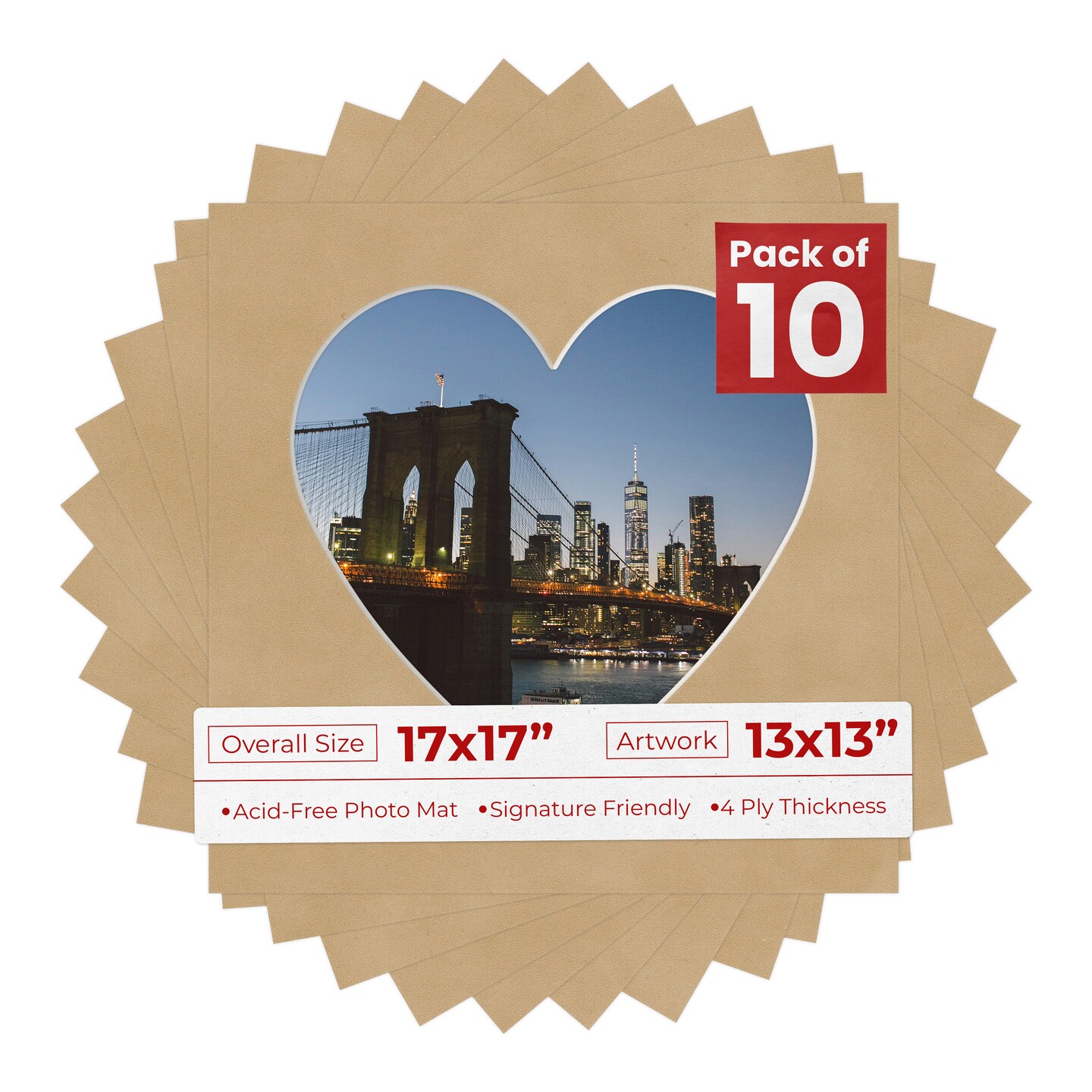 Beige Suede Mat Board for 17x17 Frames - Heart Opening for 13x13 Photos