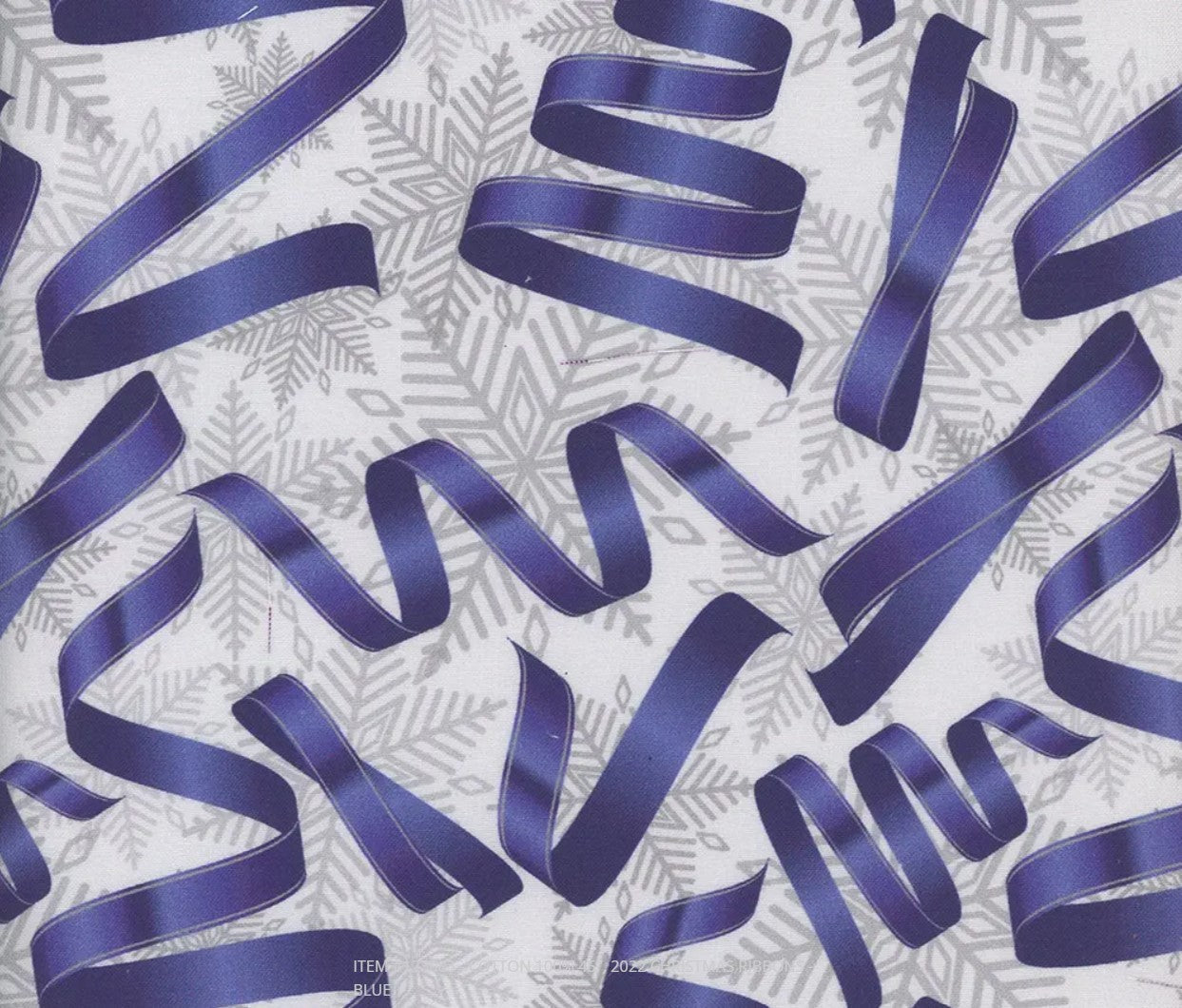 Mook Fabrics Christmas Blue Ribbons Silver Snowflakes 100% Cotton Fabric By the yard