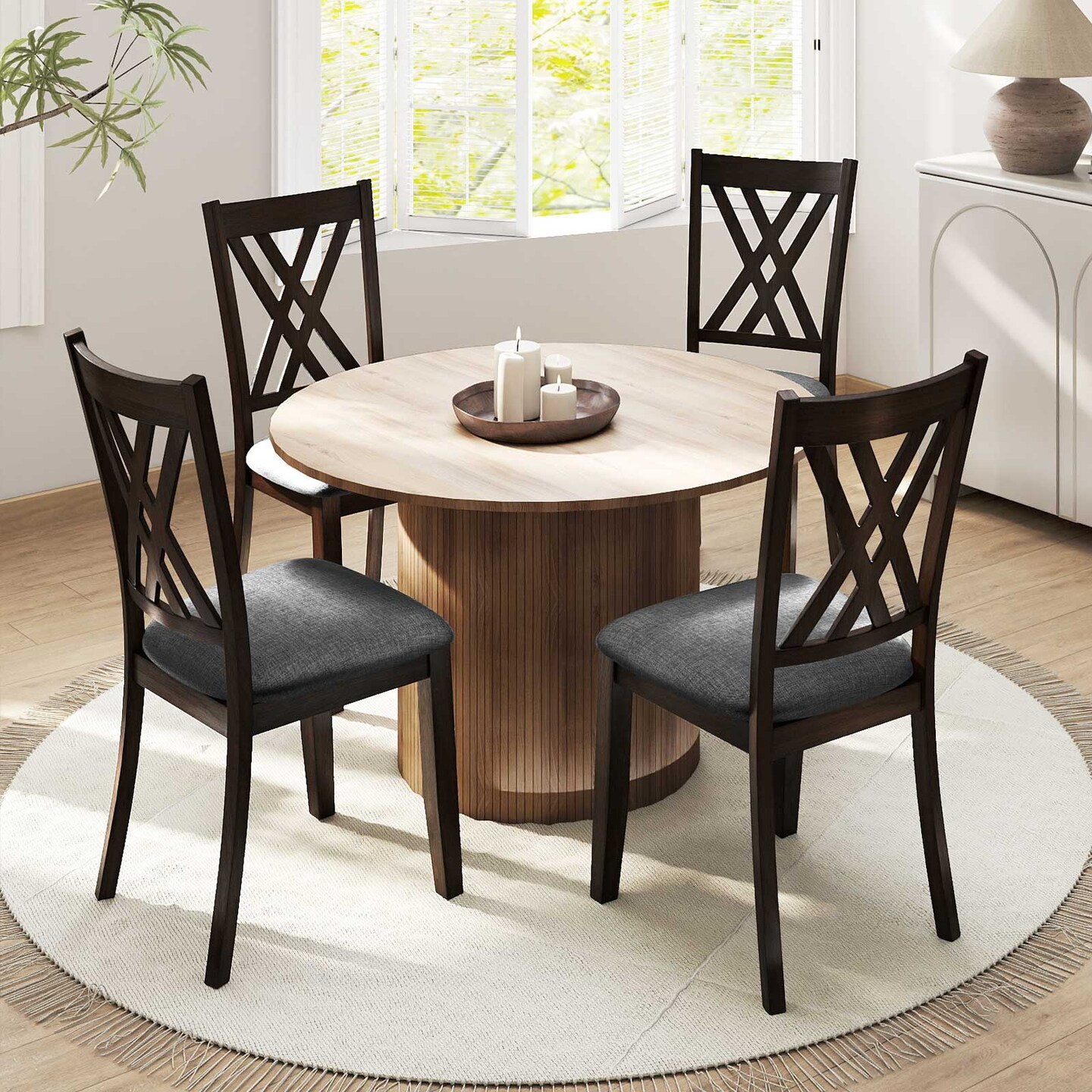 Wooden Dining Chairs Set of 2 Cushioned Linen Seat High Back Kitchen Chairs