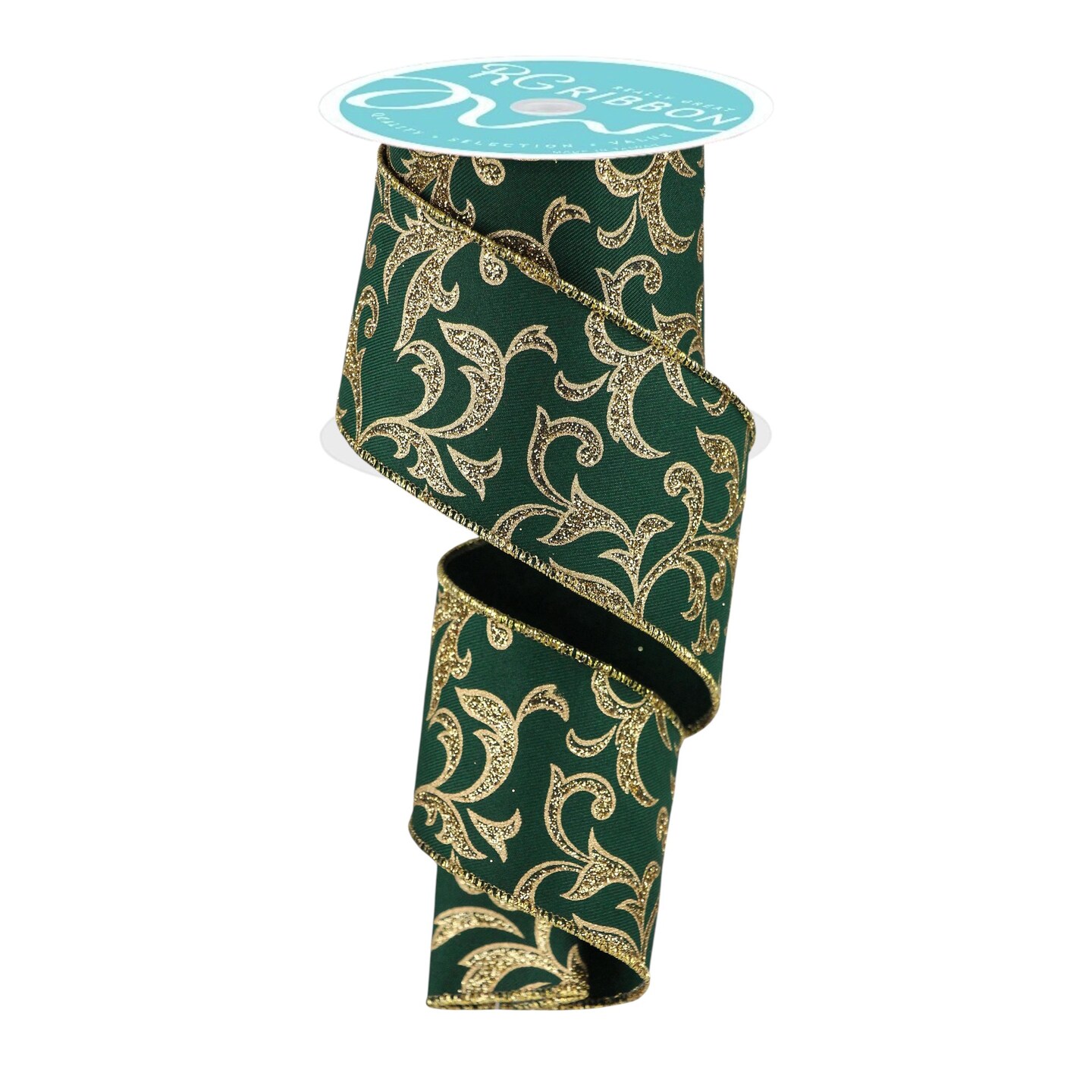 RG Ribbon 2.5" Hunter Green and Gold Filigree Glitter Swirl / Acanthus Leaf Design, Wired for Christmas Bows, Wreaths, Crafts, and Decorations
