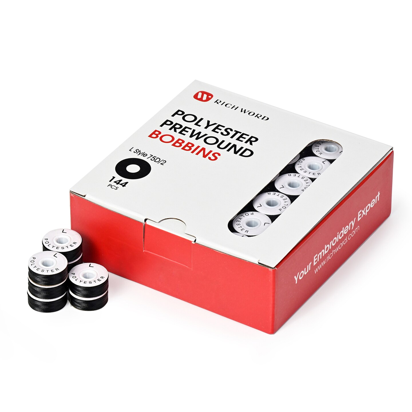 Richword Selected Prewound Bobbins Cardboard Sides, Size L (SA155), Polyester Bobbin Thread 70D/2 or 75D/2 (60WT), 115–120 Yards, 144 PCS, for Commercial Multi-Needle Embroidery Machines, Black or White