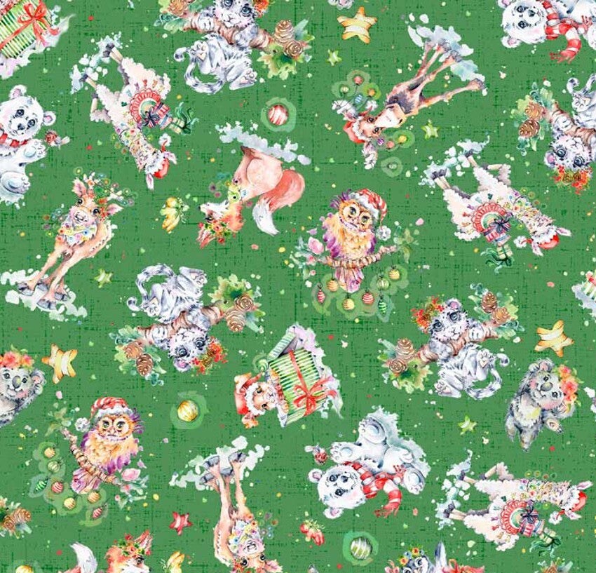 P & B Textiles Christmas Little Darlings on Green 100% Cotton Fabric Price per Yard