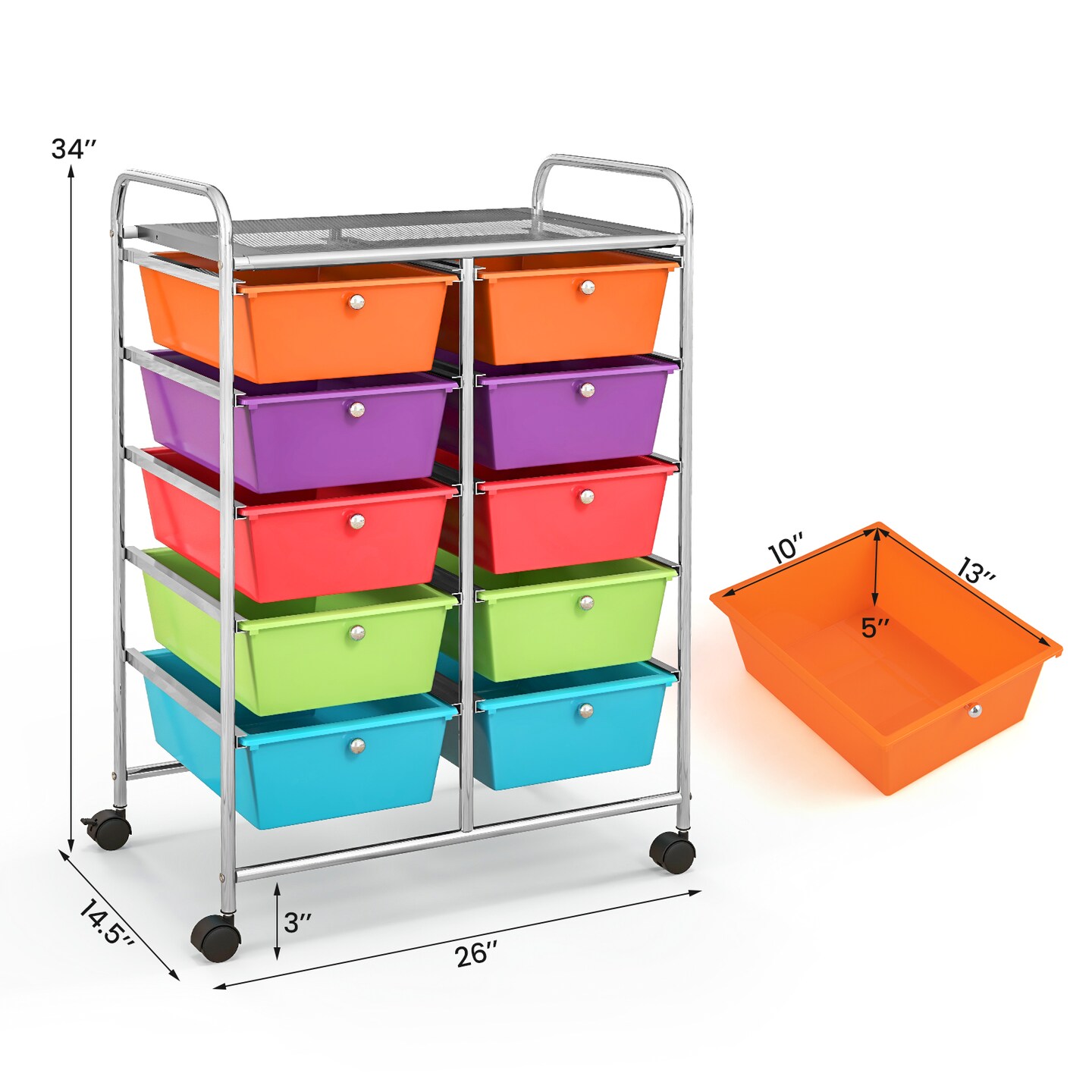 10 Drawer Rolling Storage Cart with Lockable Wheels Metal Frame Organizer for Office Classroom Craft Room Storage