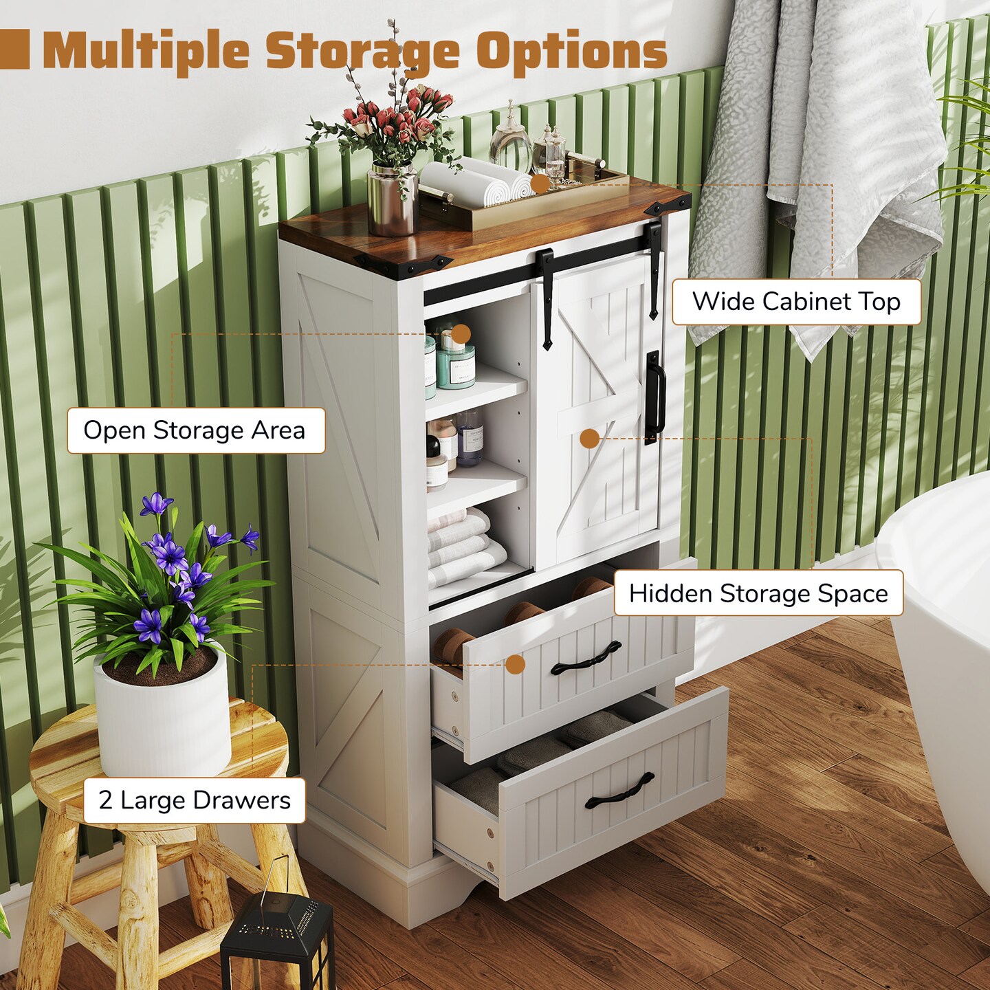 Wooden Farmhouse Bathroom Floor Cabinet Freestanding Storage Organizer