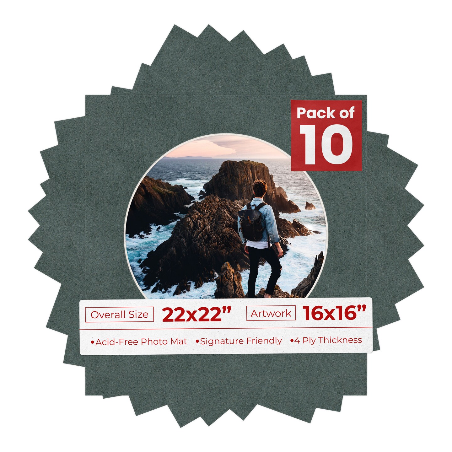 Dark Grey Suede Mat Board for 22x22 Frames - Circle Opening for 16x16 Photos