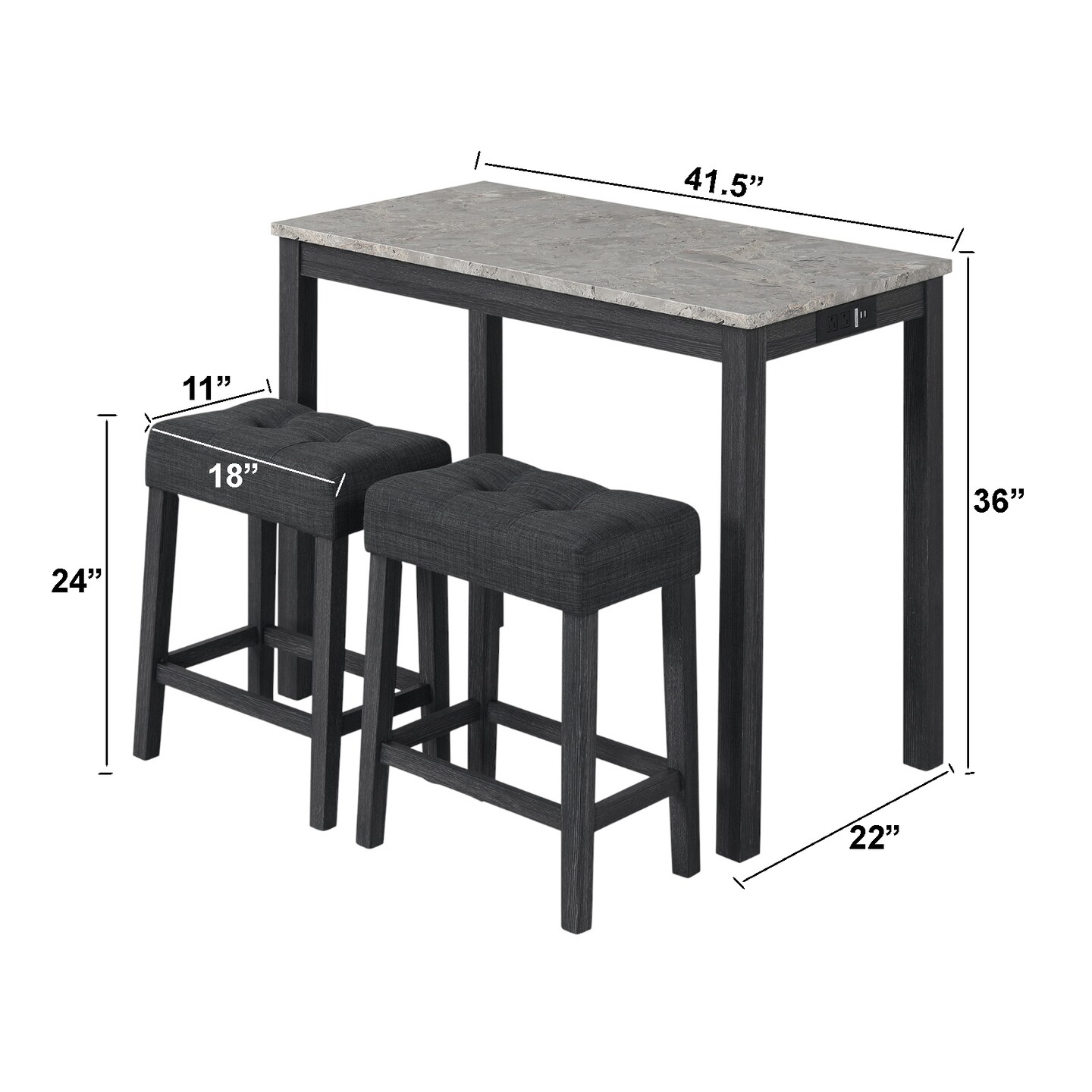 3-Piece Counter Height Bar Table Set with Power Outlet & Marble Top