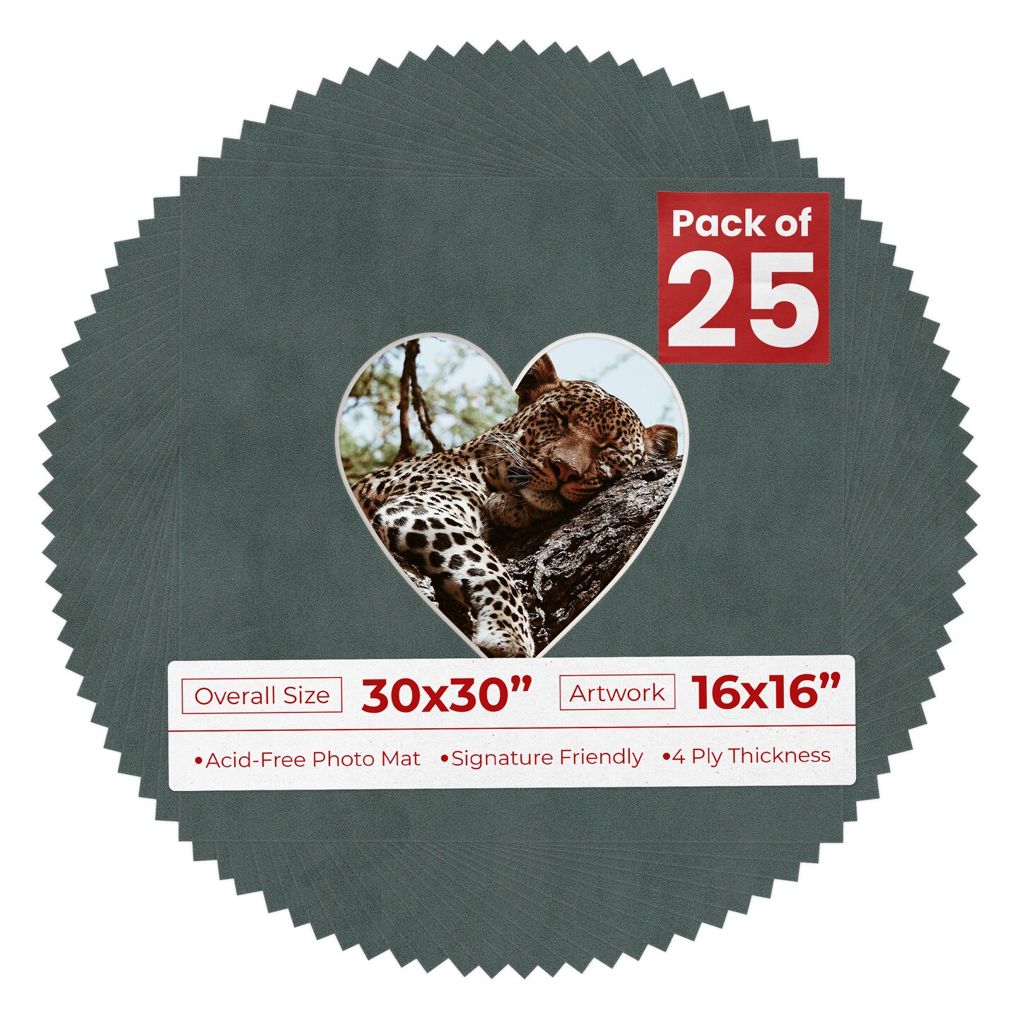 Dark Grey Suede Mat Board for 30x30 Frames - Heart Opening for 16x16 Photos
