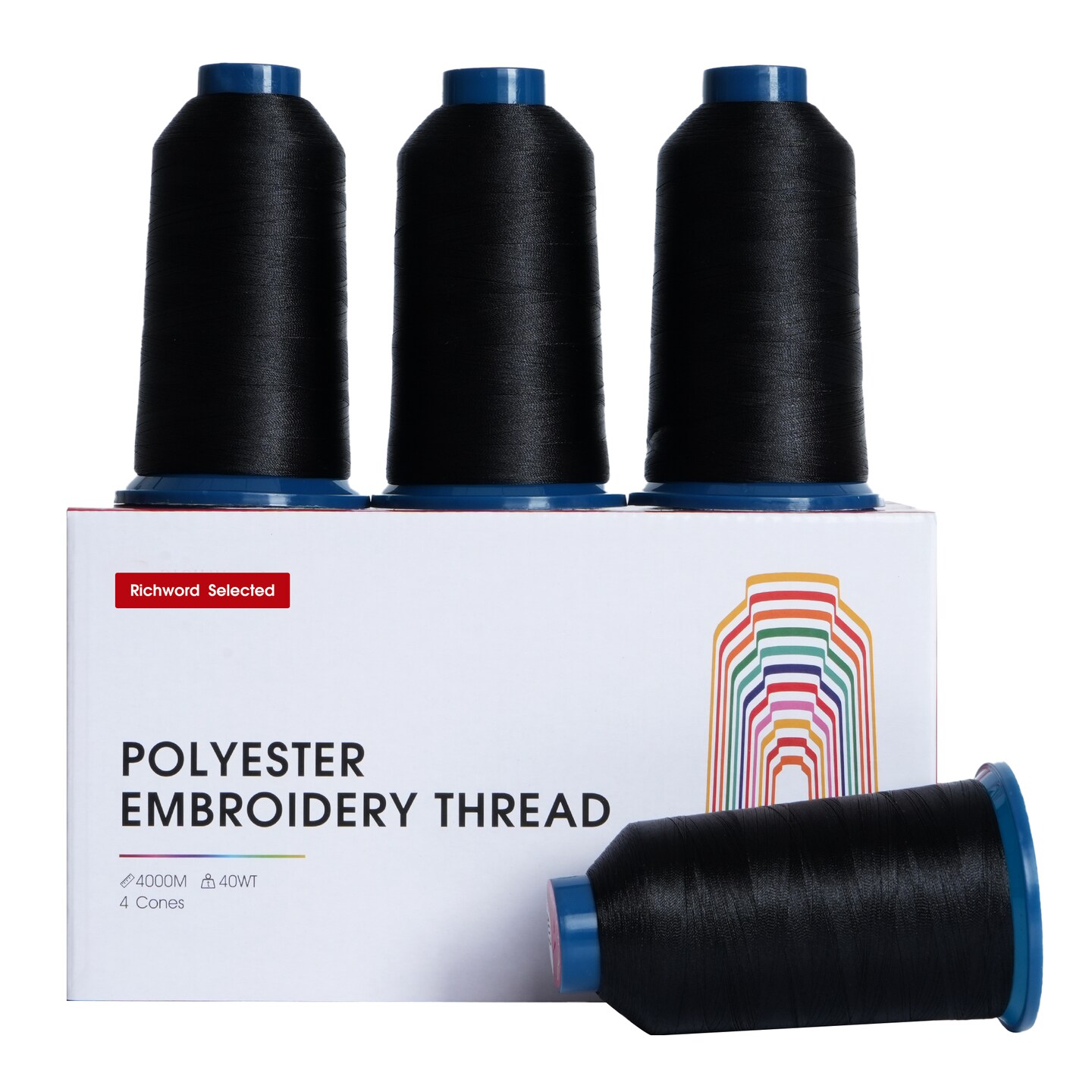 Richword Selected Embroidery Thread Set, 4 Rolls 4000M (4374Y) 40WT Polyester, Black, White, Red, Light Pink & Multi-Color Mix, Huge Spool for Home & Commercial Embroidery Machines