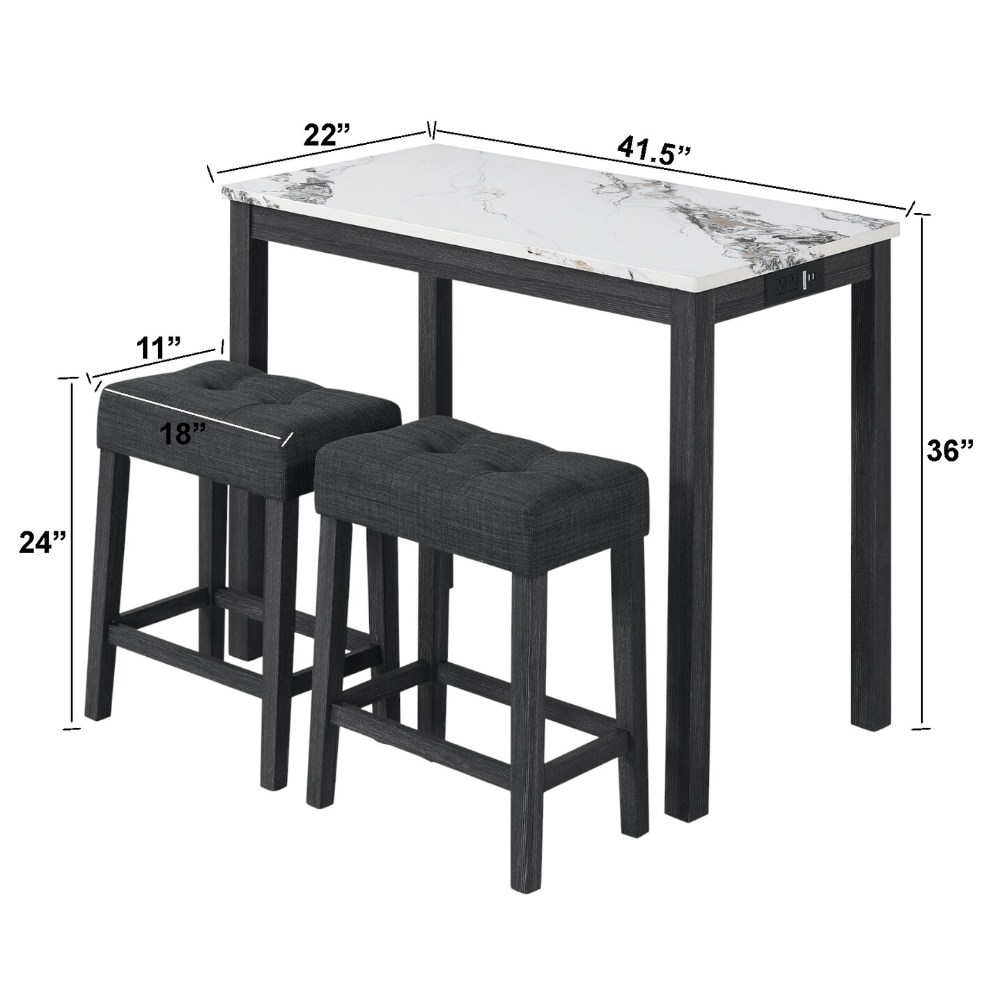 3-Piece Counter Height Bar Table Set with Power Outlet & Marble Top