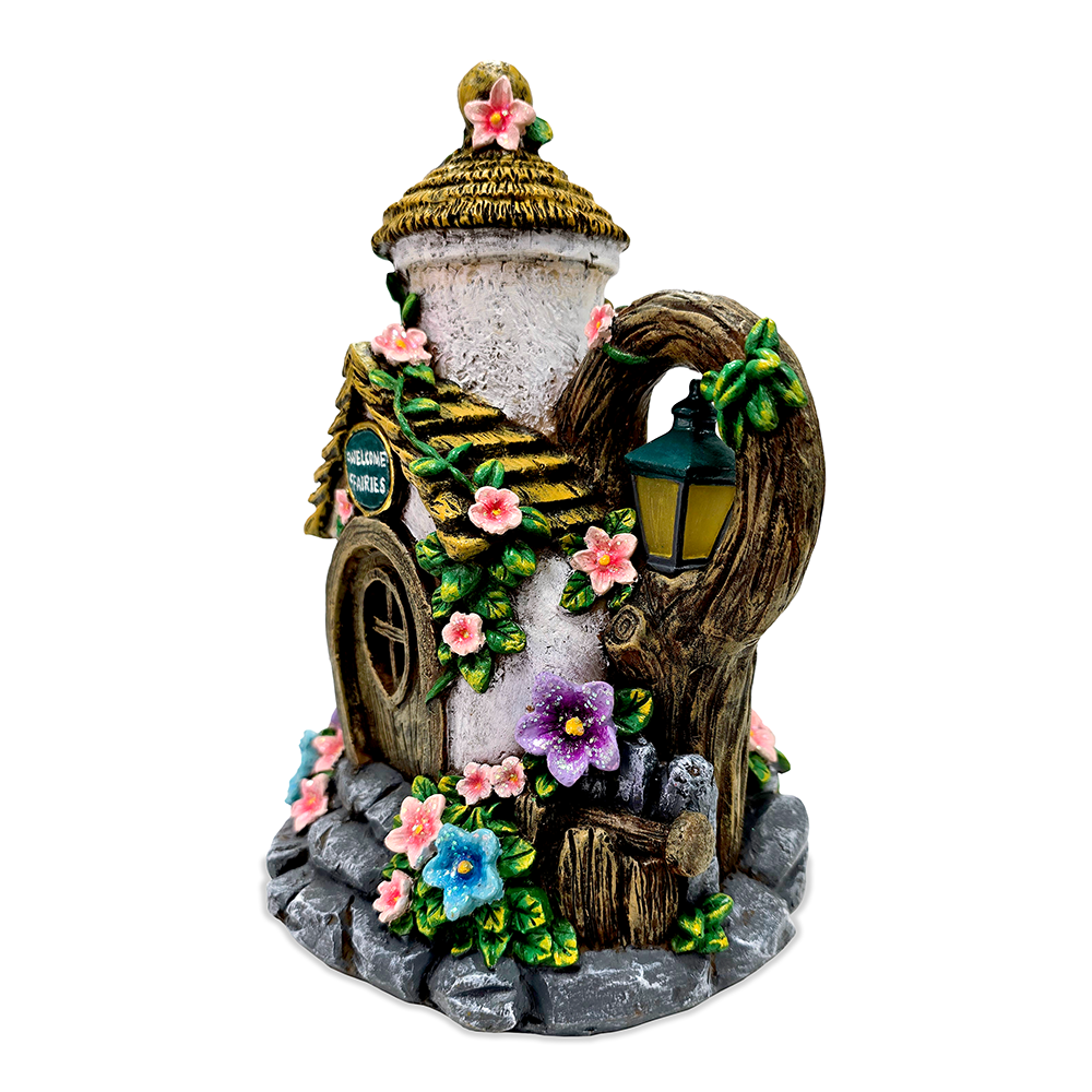Solar Fairy Tea Pot House Garden Statue, 8 Lighted Mushroom Cottage Figurine Outdoor Decor