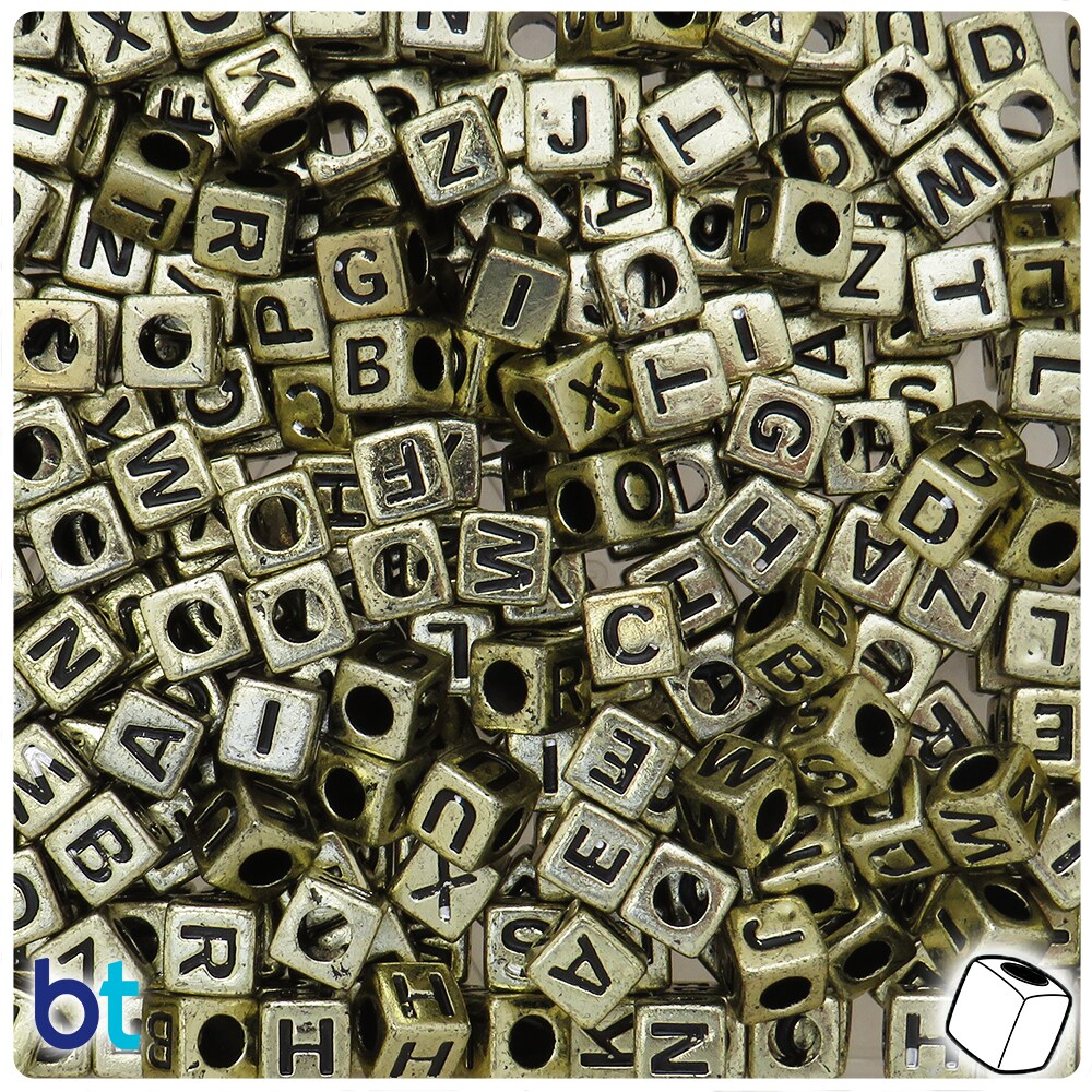 BeadTin Gold Metallic 7mm Cube Alpha Beads - Black Letter Mix (200pcs)