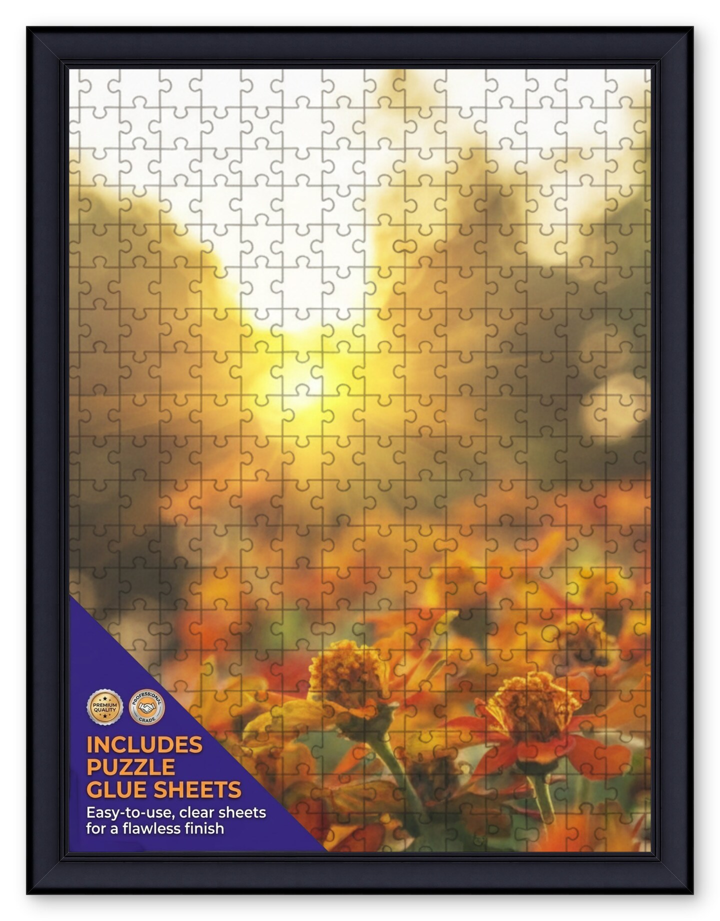 CustomPictureFrames.com Solid Wood Round Mat Puzzle Frame - Multiple Sizes - Black Precision-Cut Mat - Adhesive Preservation Sheets - Assembled in USA Made in the USA