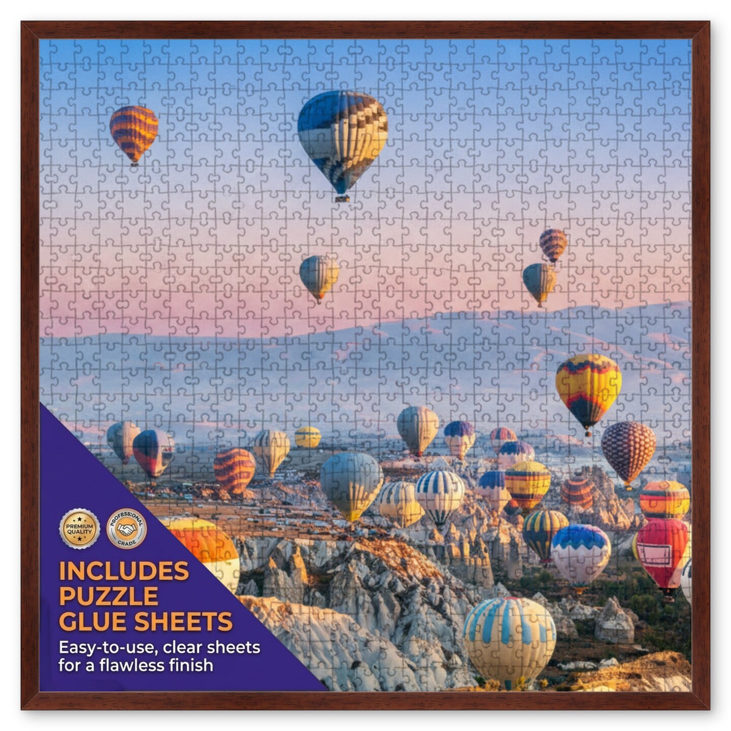CustomPictureFrames.com Solid Wood Round Mat Puzzle Frame - Multiple Sizes - Black Precision-Cut Mat - Adhesive Preservation Sheets - Assembled in USA Made in the USA