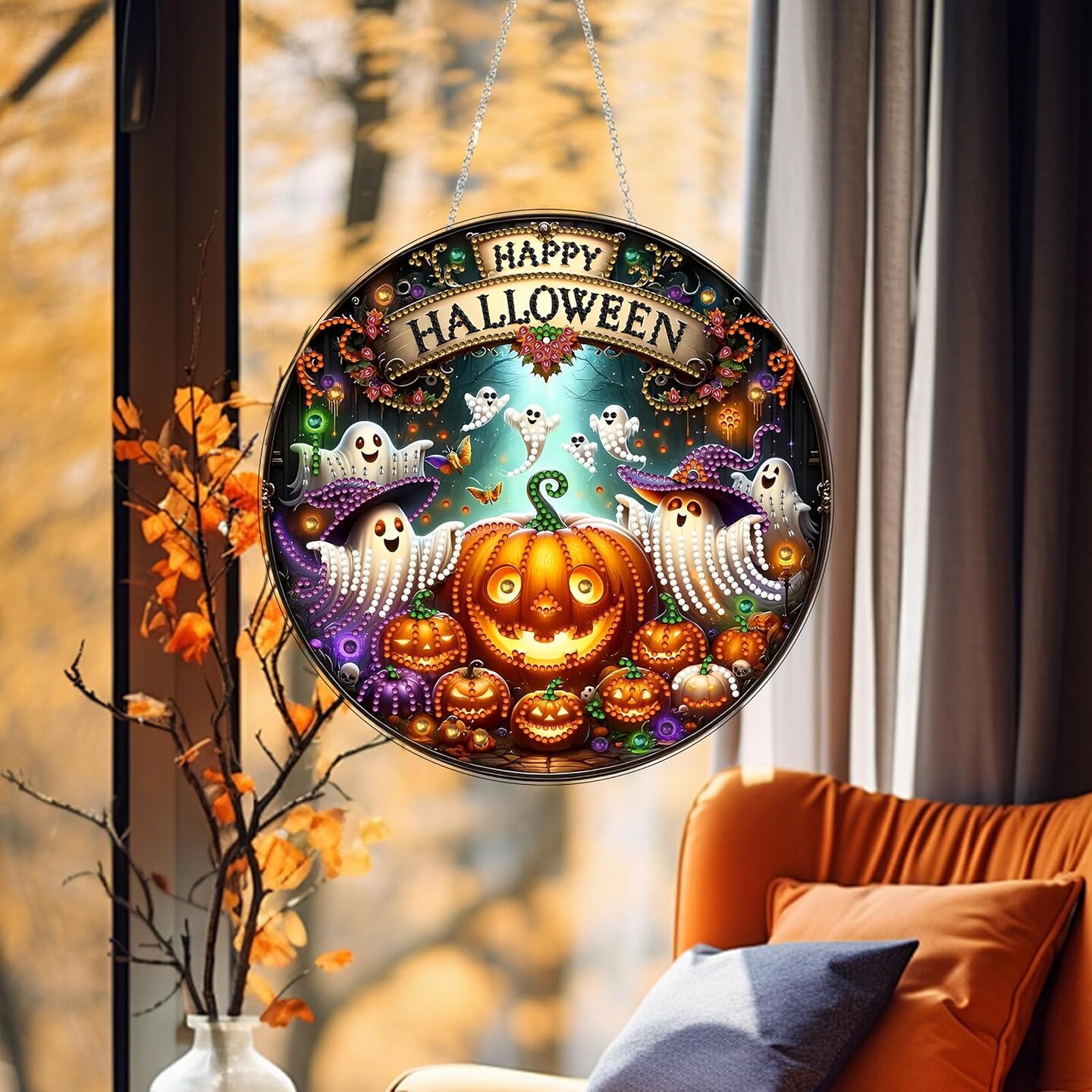DIY Halloween Acrylic Diamond Art Painting Wreath Kits- (Ghosts and Pumpkins)