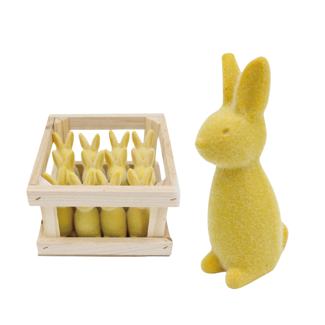 Transpac Mini Resin Flocked Yellow Easter Bunny in Crate, Decorative Figurine, 2.95in H, Yellow, Indoor Tabletop Decor, Easter