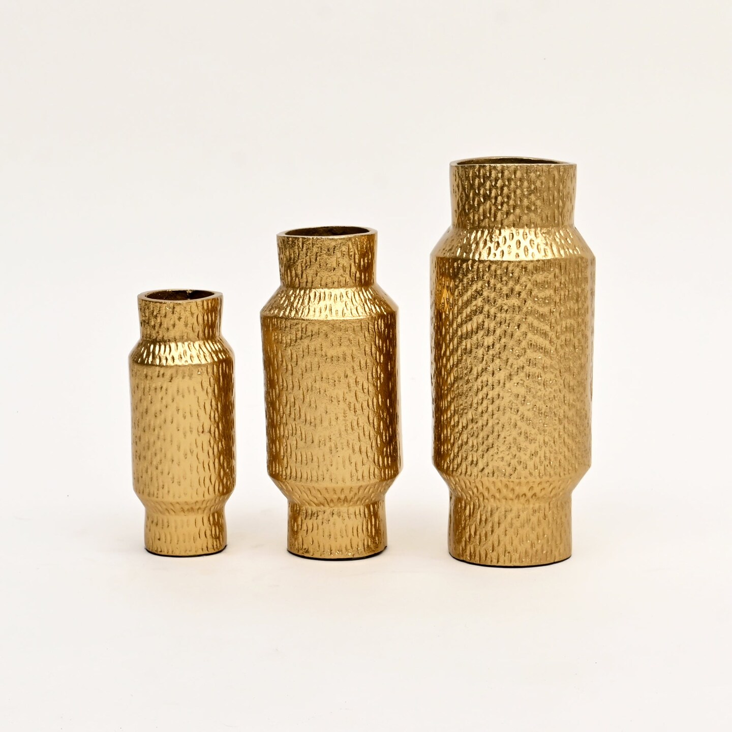 Decorative Gold Mosaic Pattern Cylinders Aluminum Vases &#x2013; Set of 3 Gold Polished Table Accents