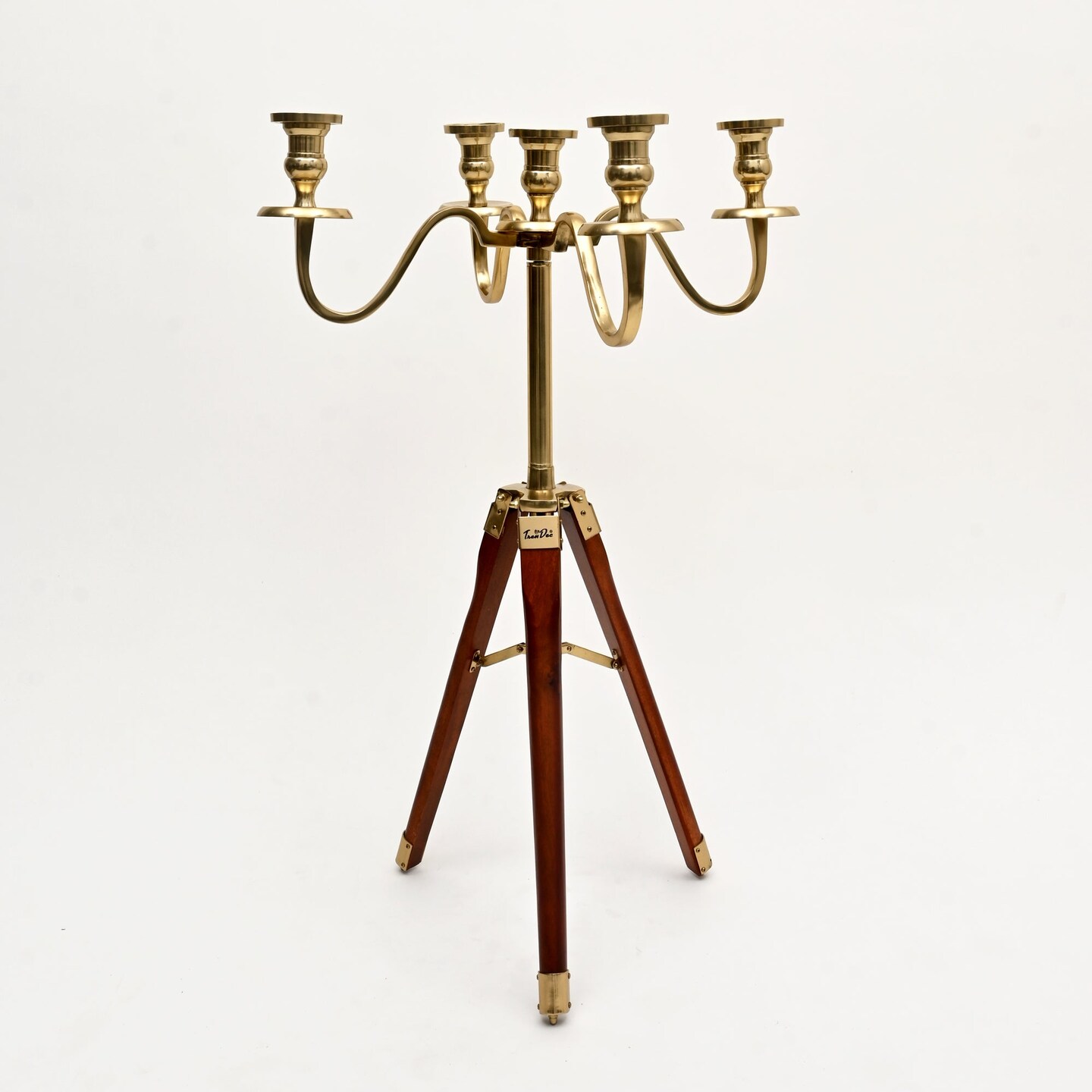 Elegant Tripod Candle Holder | Gold Polished Aluminum with Wood Detailing (17x17x31")
