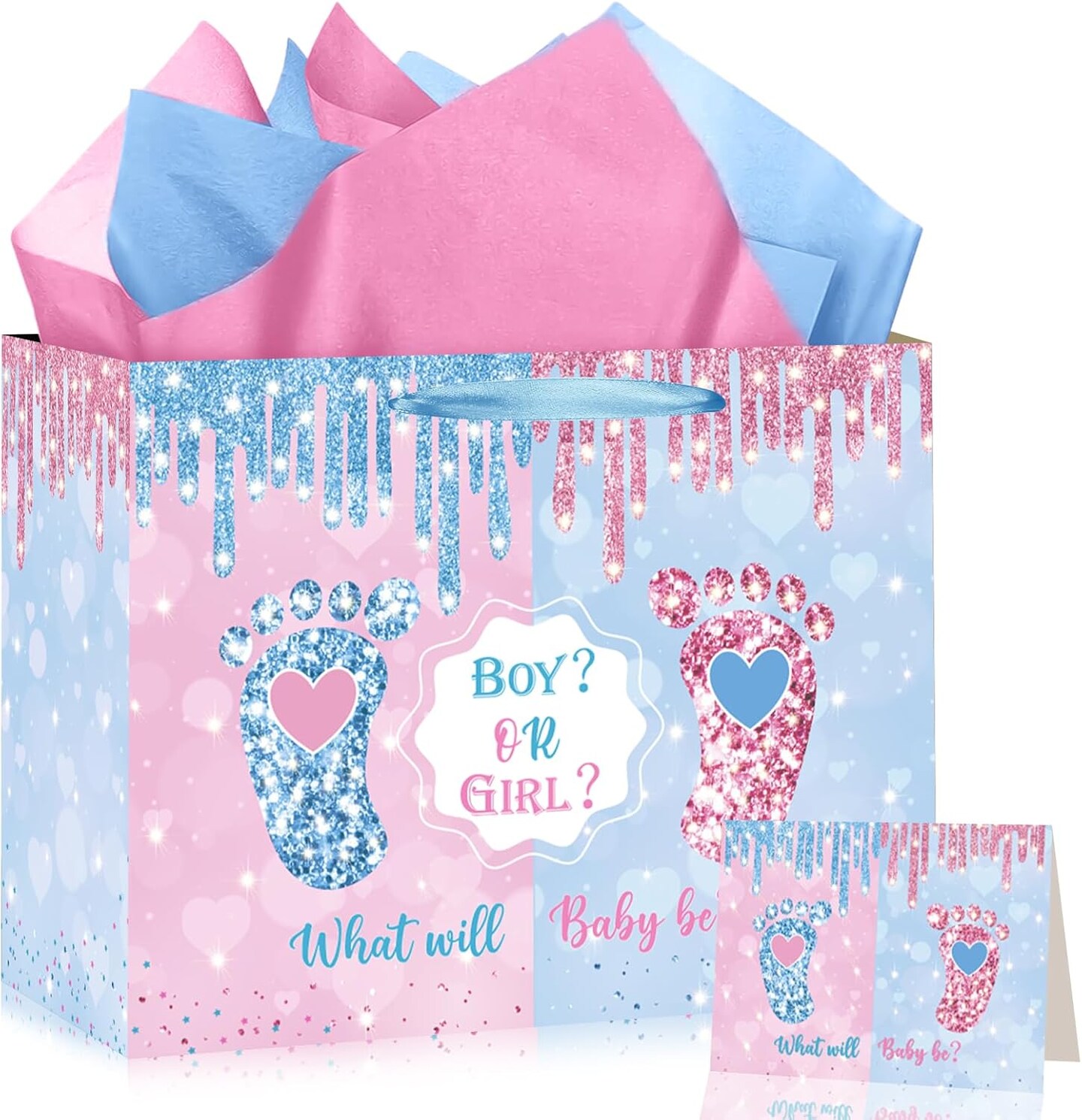 Gender Reveal Gift Bag Blue Pink Boy or Girl Paper Bag with Wrapping Paper Card What Will Baby Be Party Decoration Little Feet Treat Candy Bag for Baby Shower Gender Reveal Birthday Party Supplies