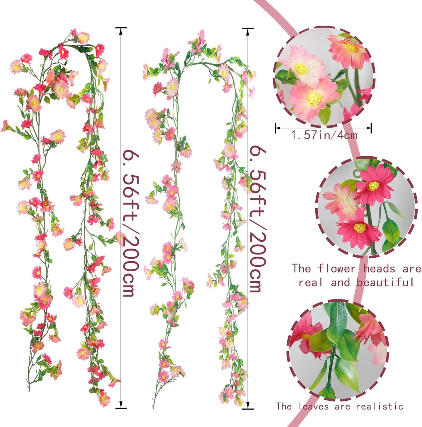 4PCS Artificial Daisy Flower Garland – Silk Flower Vines with Pink Daisies & Green Leaves for Wall, Wedding Arch, Party & Home Decor (Indoor/Outdoor)