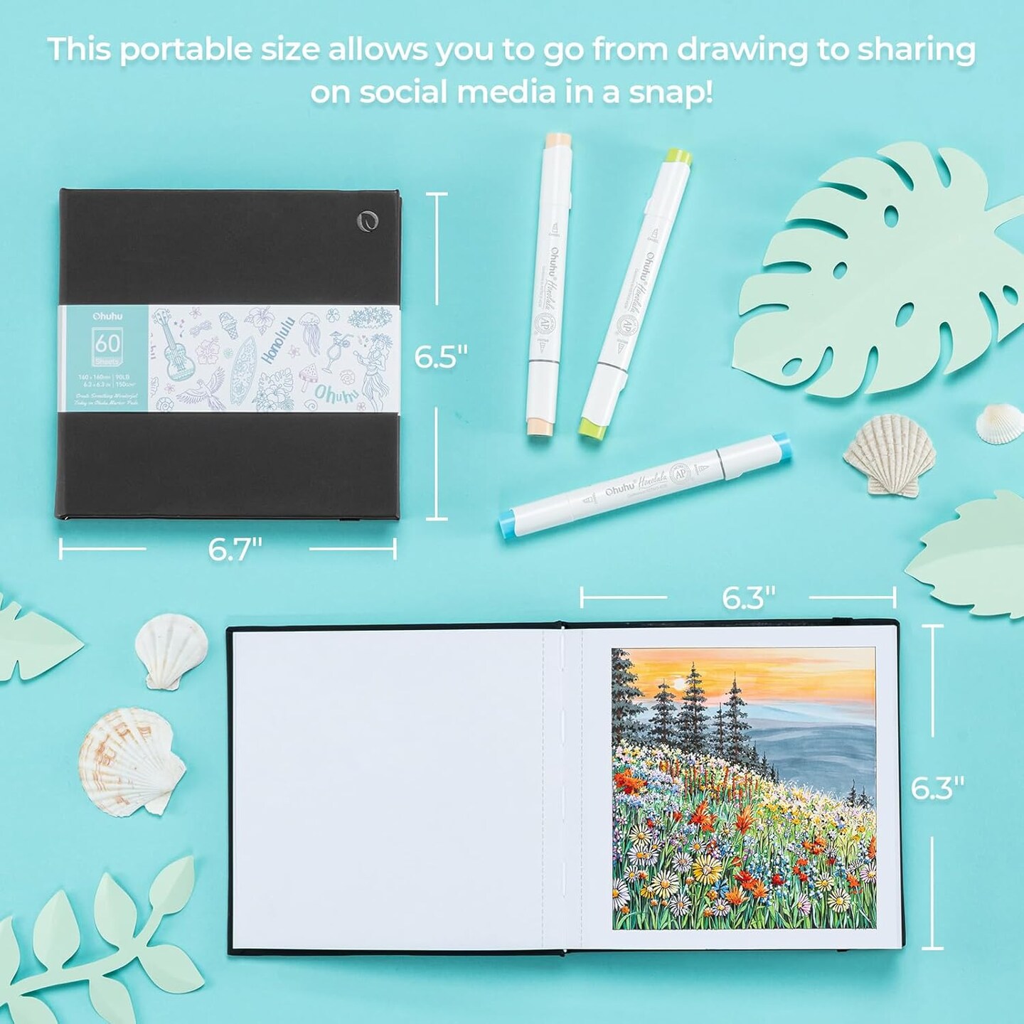 Ohuhu Double-Sided Marker Pad Art Sketchbook Bleedproof - 6.3&#x22;x6.3&#x22; Small Square Paper Size - 90 lb/150 GSM Smooth Drawing Paper - 60 Sheets/120 Pages - Hardcover Sketching Book for Alcohol Markers