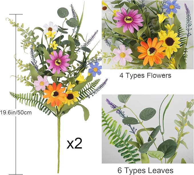 2 Bundles Artificial Daisy Flowers Fake Silk Spring Flowers Colorful Flowers Fake Wildflowers Bouquet for Home Indoor Table Vase Wedding Party Decor (20in)