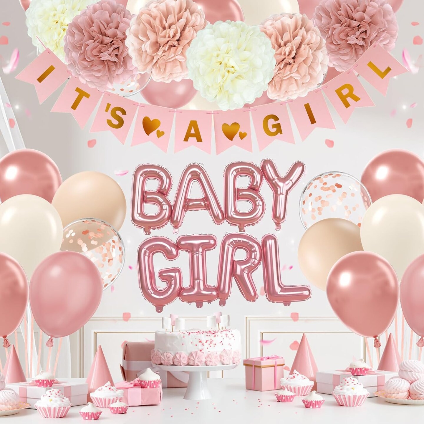 Pink Baby Shower Decorations with Ivory White Paper Pom Poms Rose Gold Dusty Pink Balloons Banner for Gender Reveal Birthday Party Baby Shower Decorations