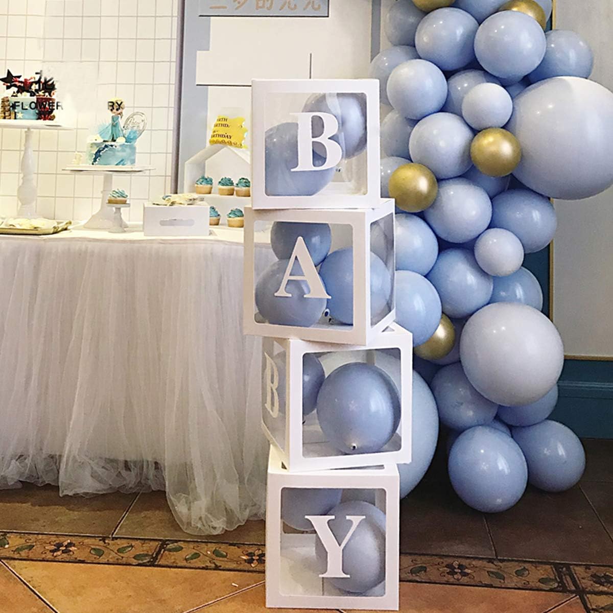 Baby Shower Boxes Party Decorations &#x2013; 4 pcs Transparent Balloons Boxes D&#xE9;cor with Letters Baby Blocks Design for Baby Shower Gender Reveal Backdrop