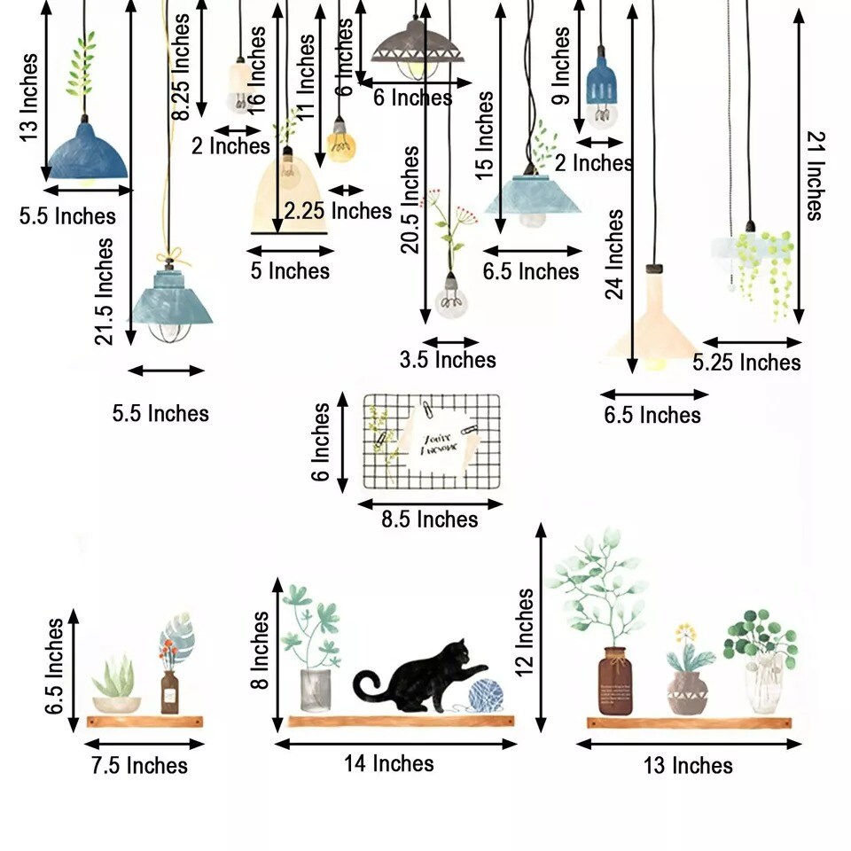 Green Wall Stickers Potted Plants with Shelves and Lamps Removable PVC Bedroom